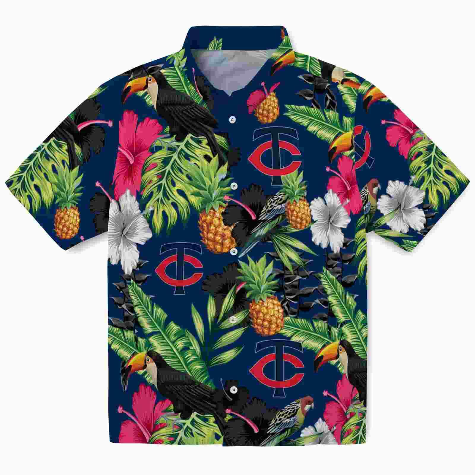 Minnesota Twins Toucan Hibiscus Pineapple Navy Green Hawaiian Shirt