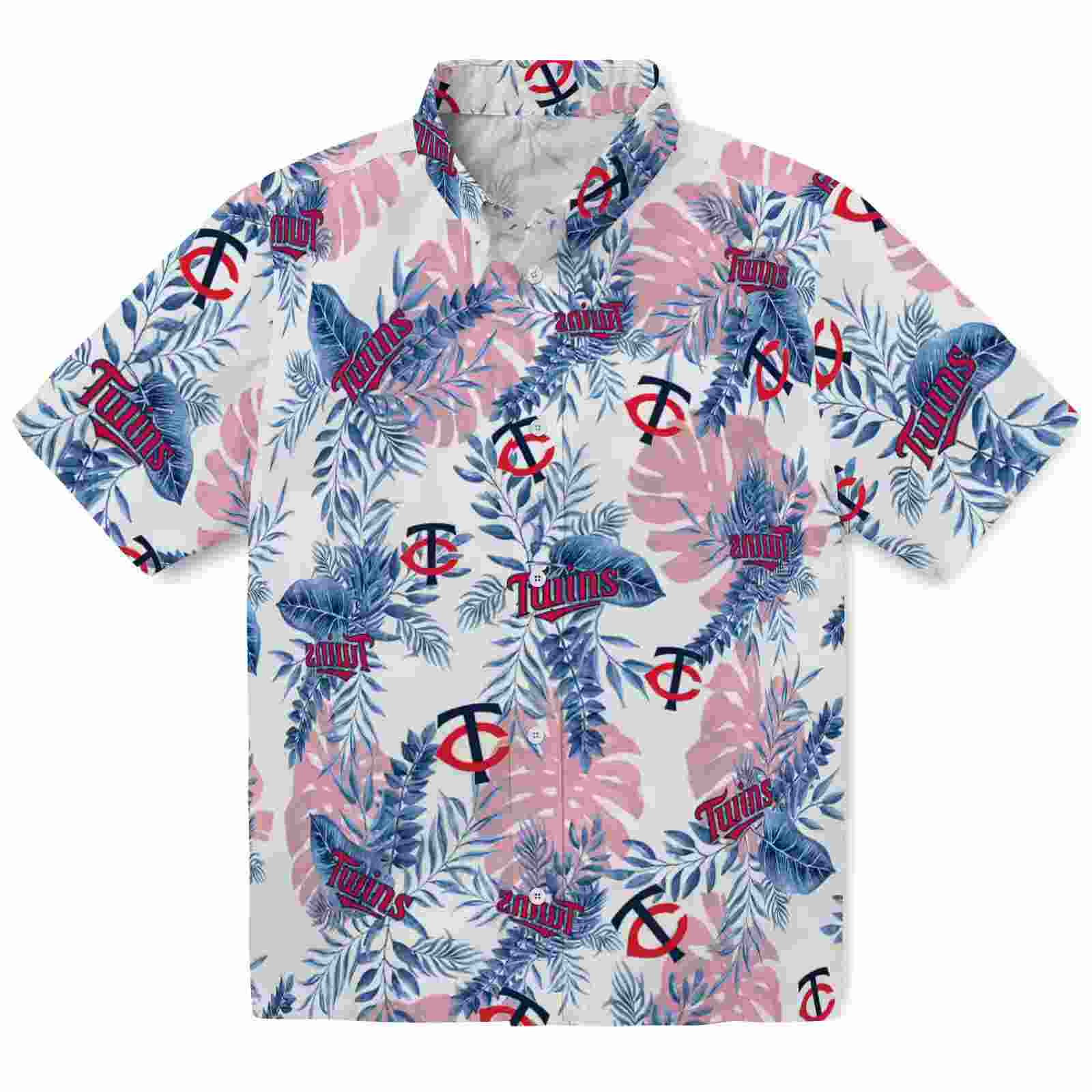 Minnesota Twins Tropical Leaves Navy White Hawaiian Shirt