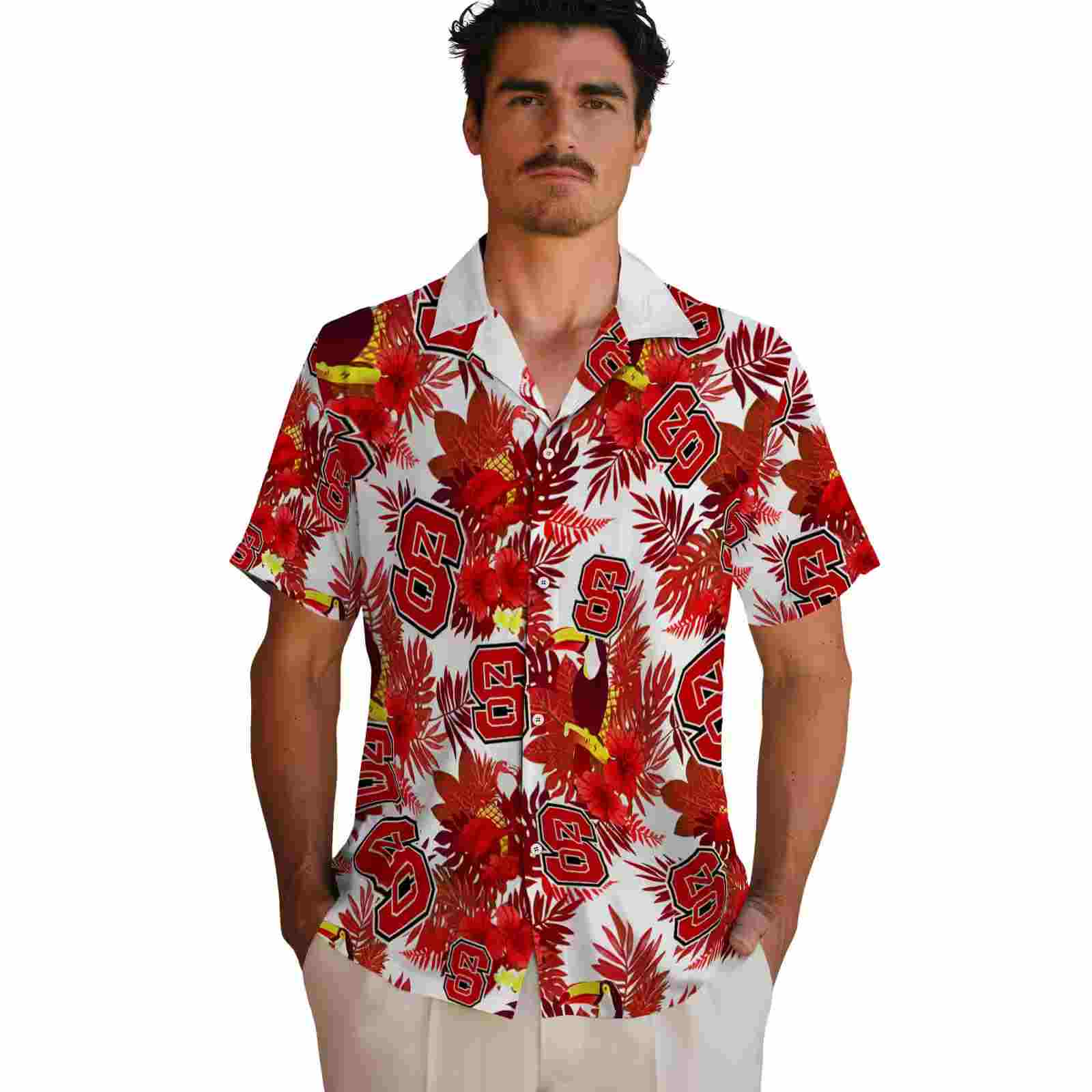 nc state wolfpack floral toucan red hawaiian shirt fashion forward