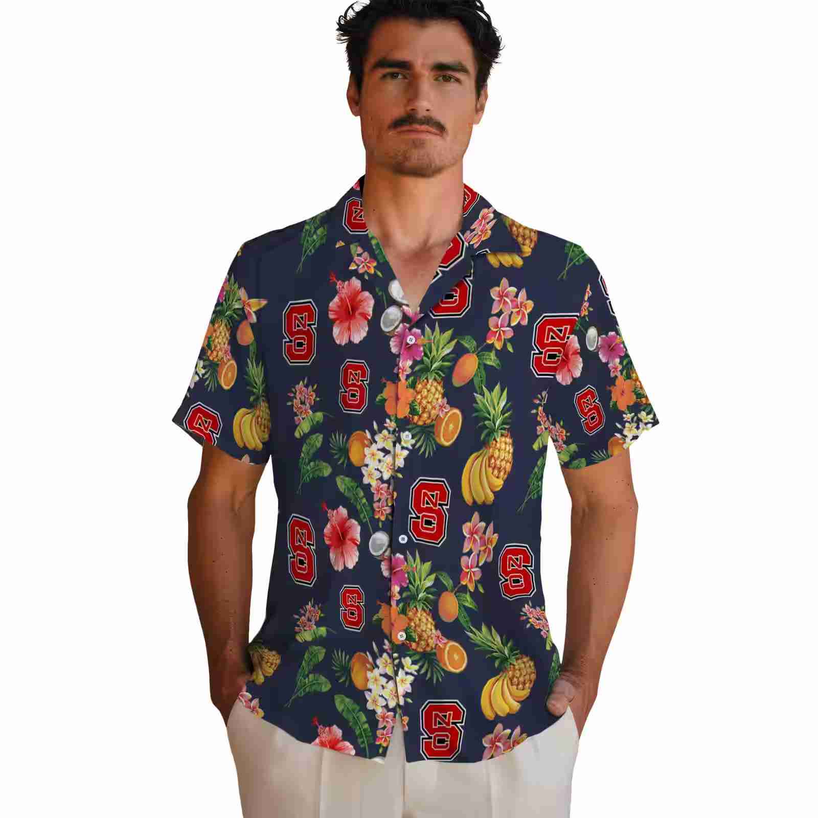 nc state wolfpack hibiscus and fruit navy blue hawaiian shirt fashion forward