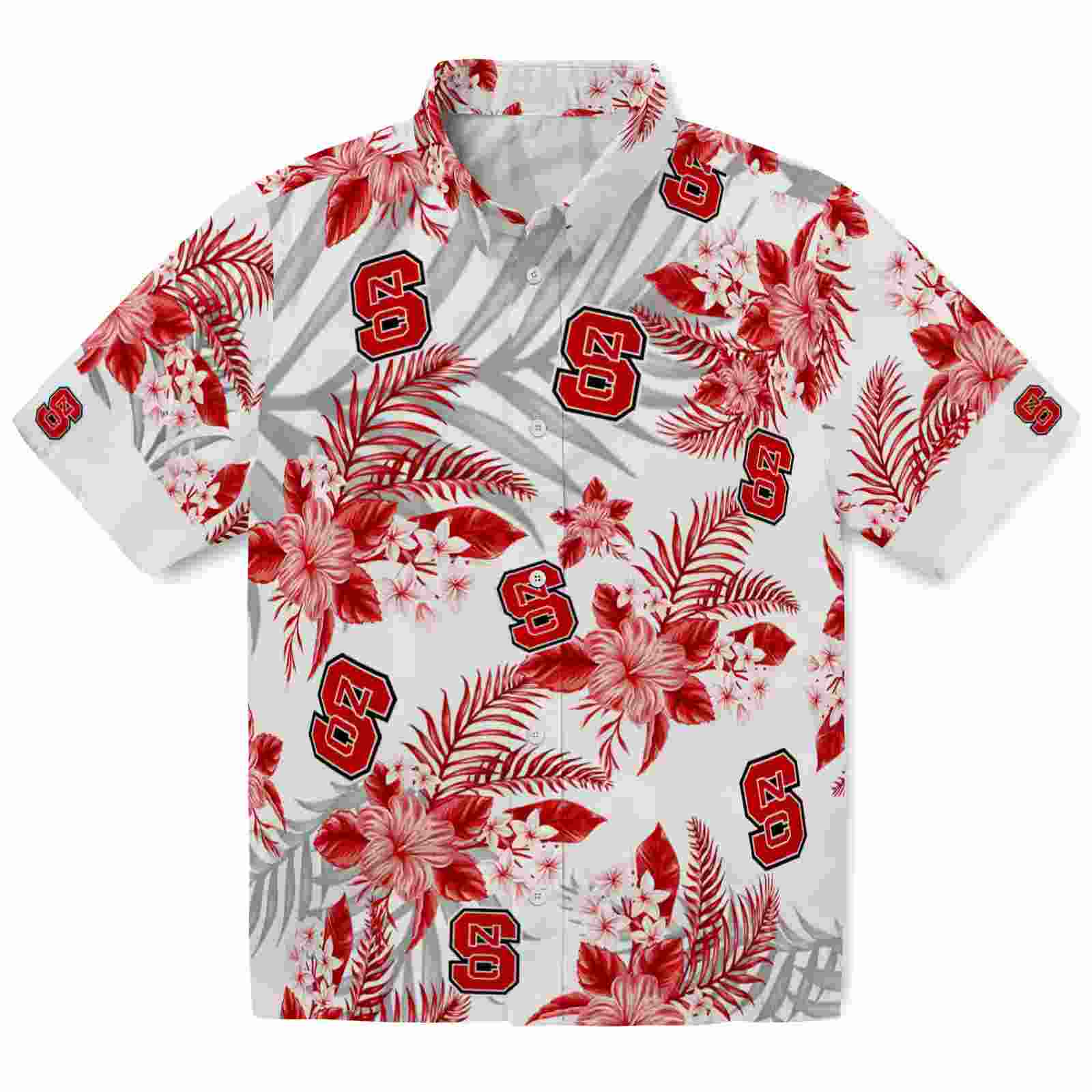 NC State Wolfpack Hibiscus Palm Leaves Red White Hawaiian Shirt