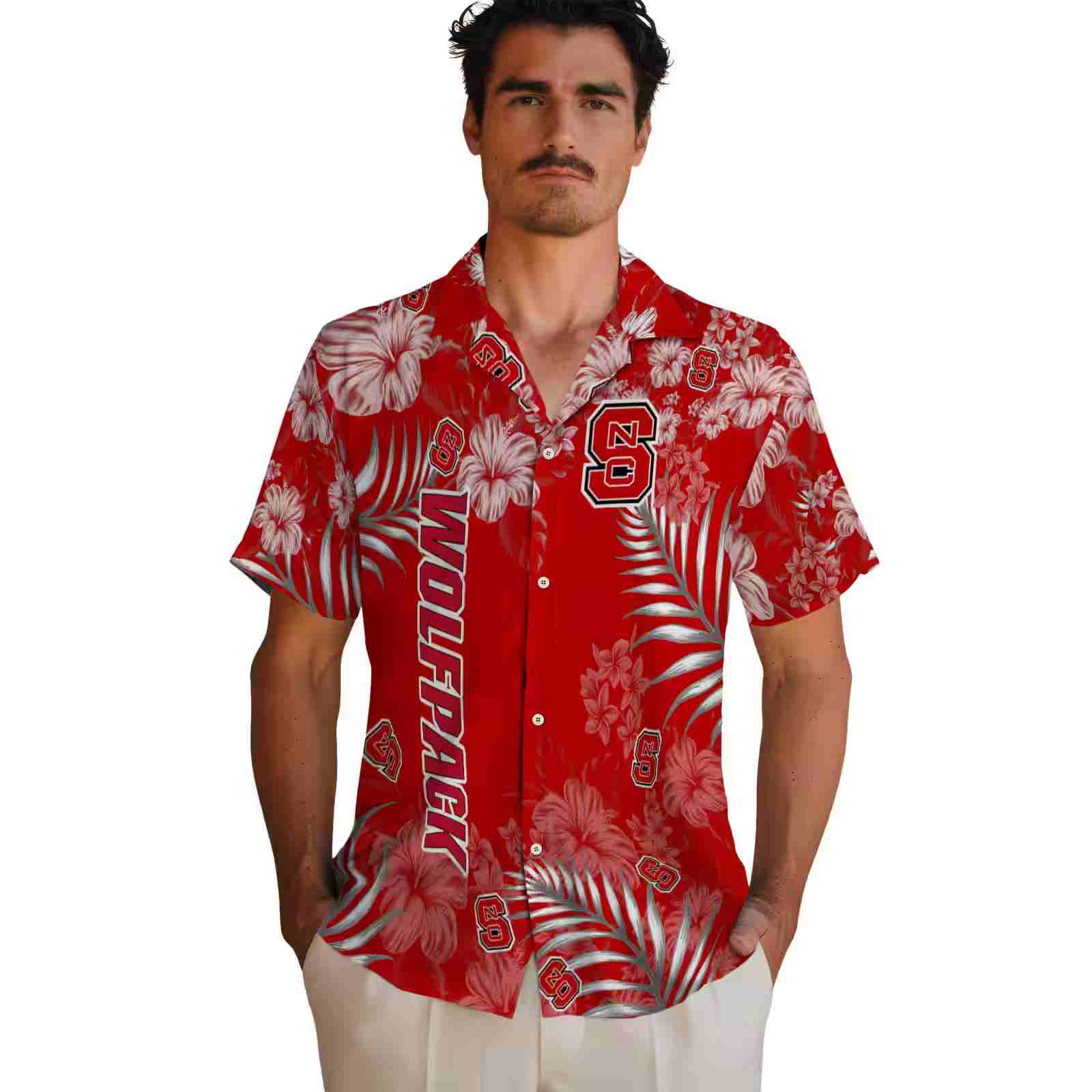 nc state wolfpack hibiscus print red hawaiian shirt fashion forward