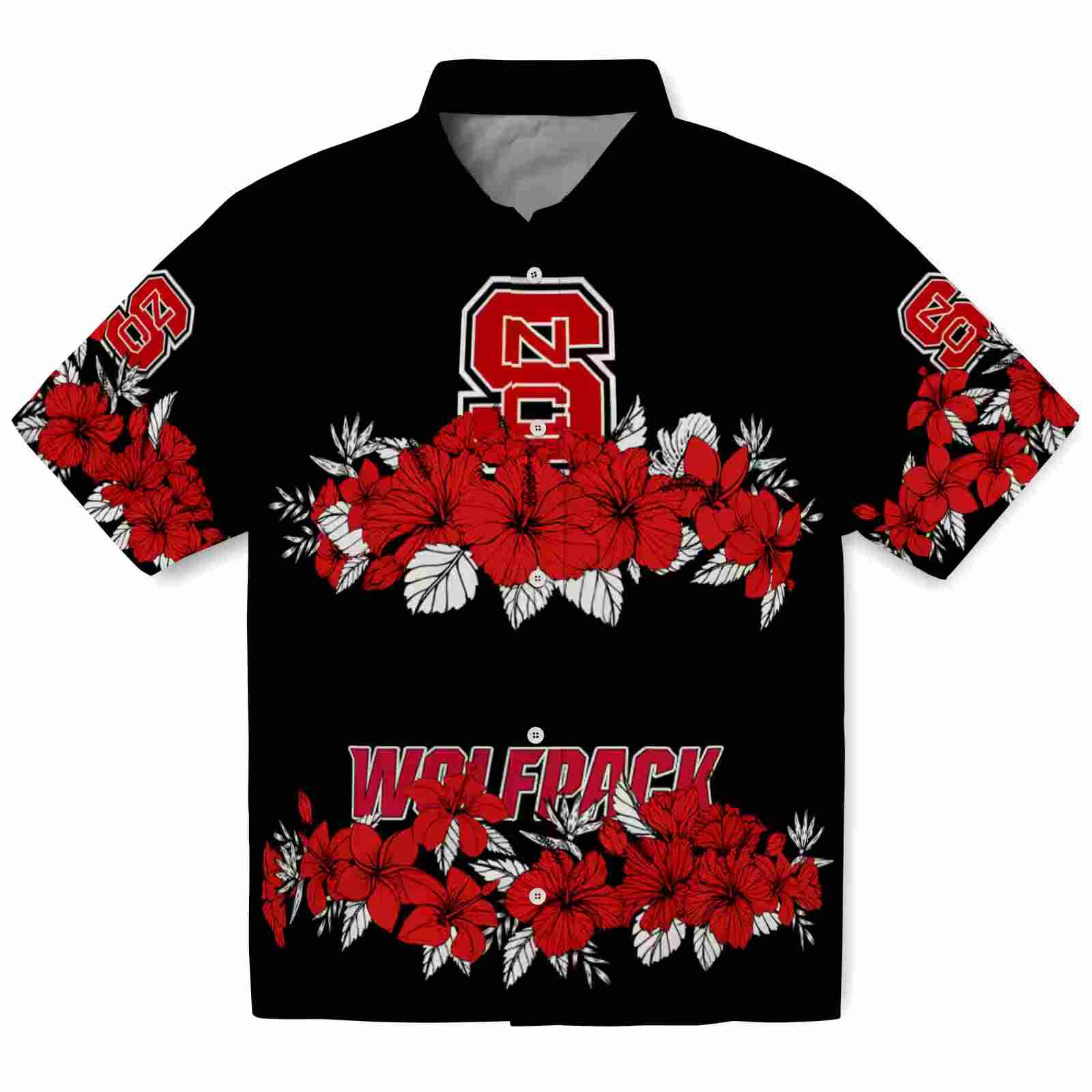 NC State Wolfpack Hibiscus Stripe Red Black Hawaiian Shirt