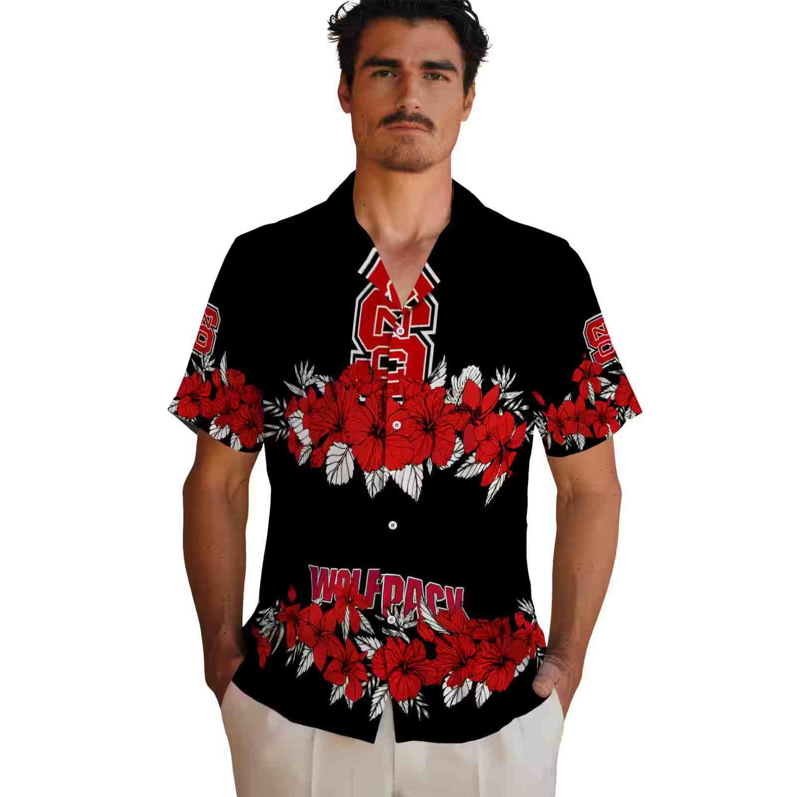 nc state wolfpack hibiscus stripe red black hawaiian shirt fashion forward