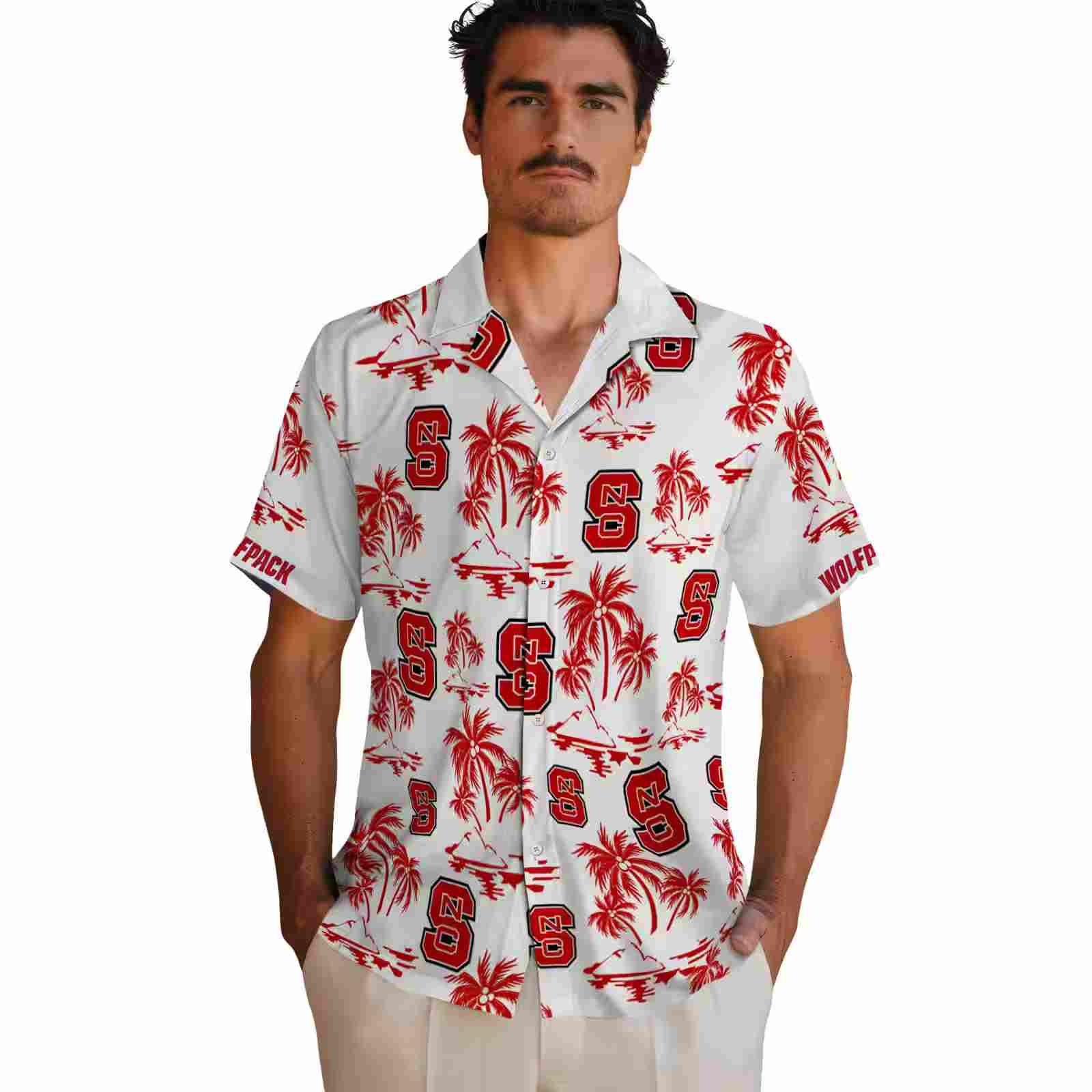 nc state wolfpack palm island print red white hawaiian shirt fashion forward