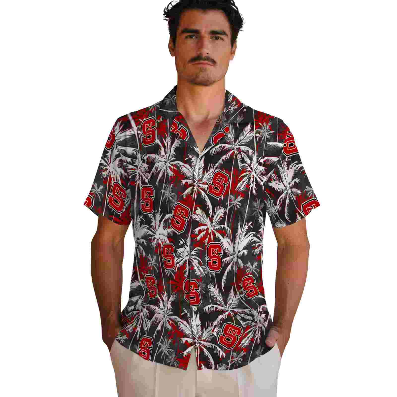 nc state wolfpack palm pattern red black hawaiian shirt fashion forward