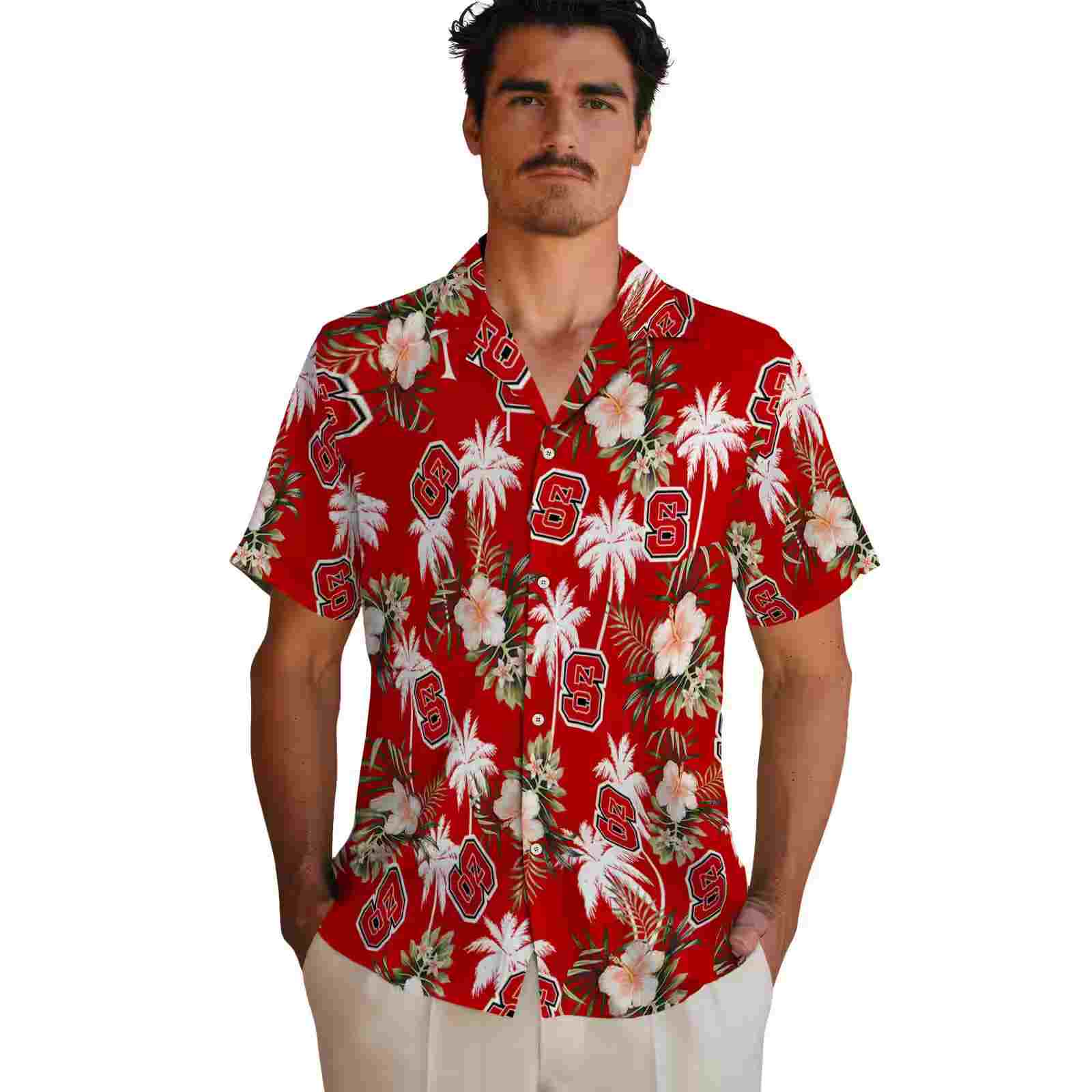 nc state wolfpack palm tree flower red hawaiian shirt fashion forward