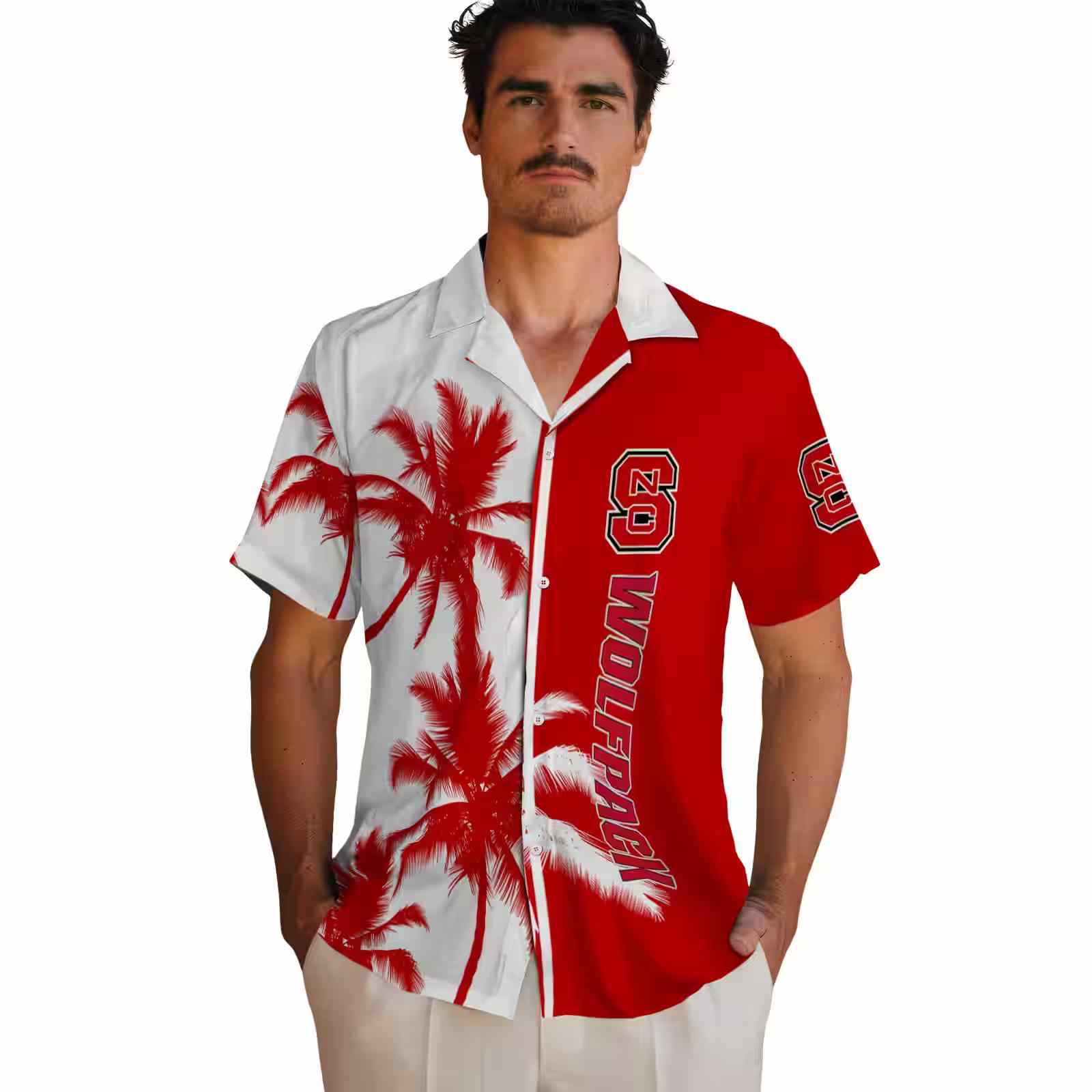 nc state wolfpack palm trees red white hawaiian shirt fashion forward