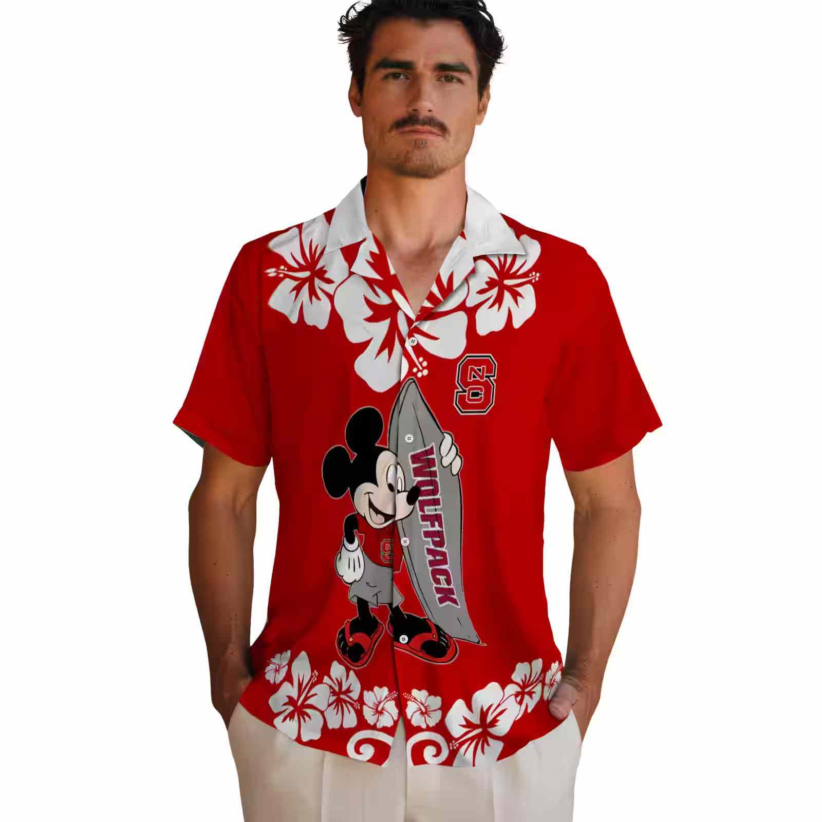 nc state wolfpack surfing mickey red hawaiian shirt fashion forward