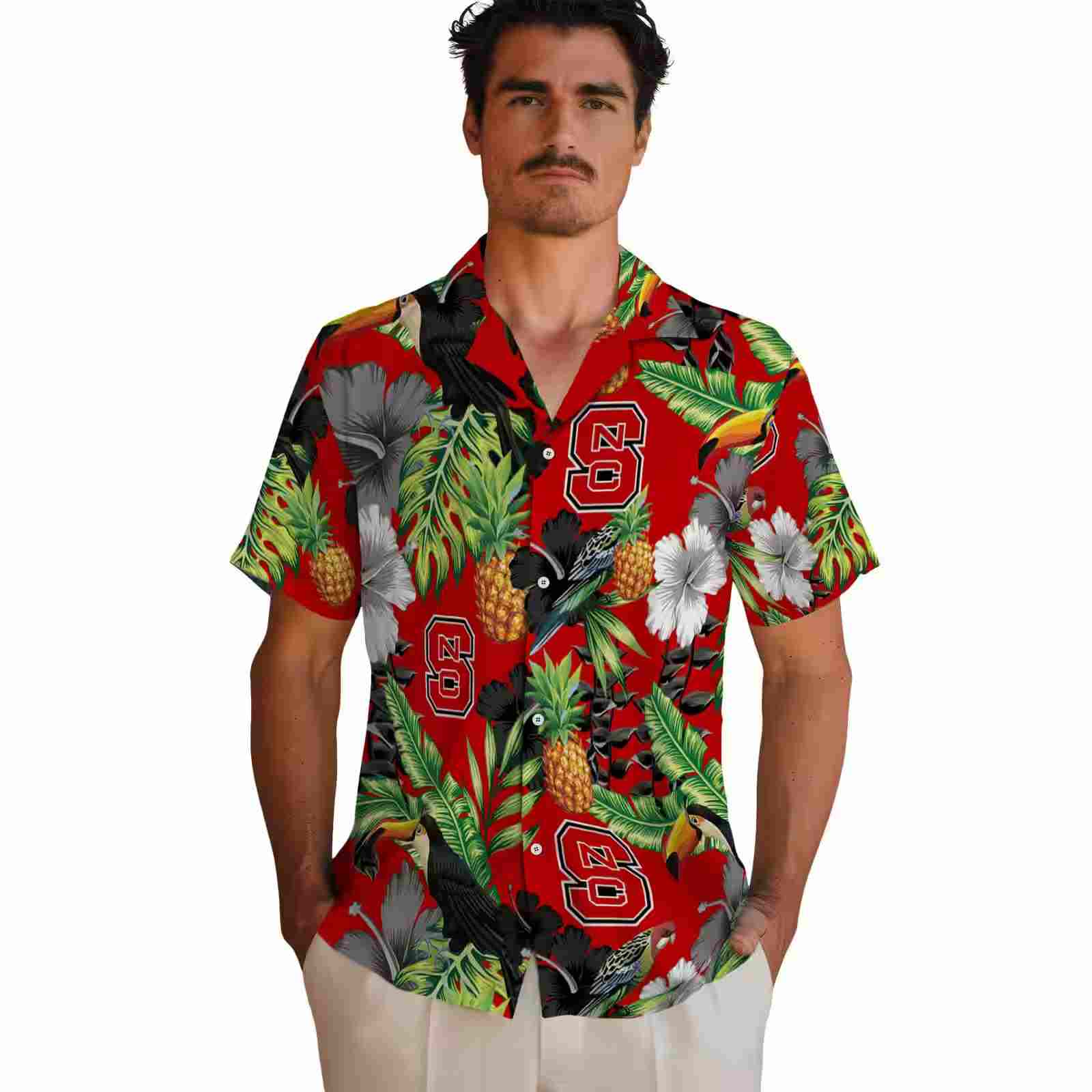 nc state wolfpack toucan hibiscus pineapple red green hawaiian shirt fashion forward