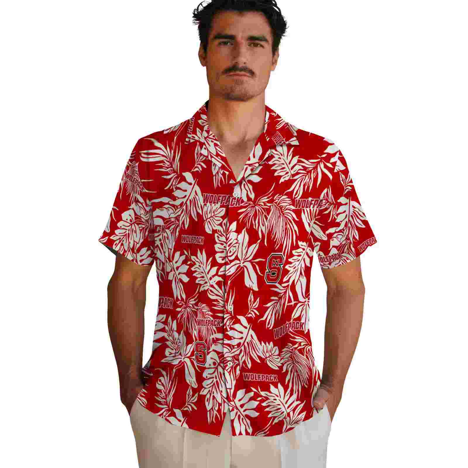 nc state wolfpack tropical leaf red white hawaiian shirt fashion forward