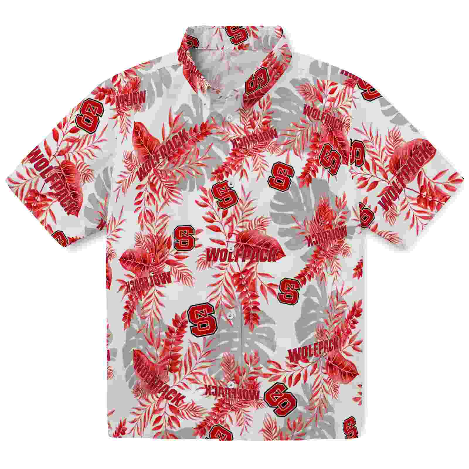 NC State Wolfpack Tropical Leaves Red White Hawaiian Shirt