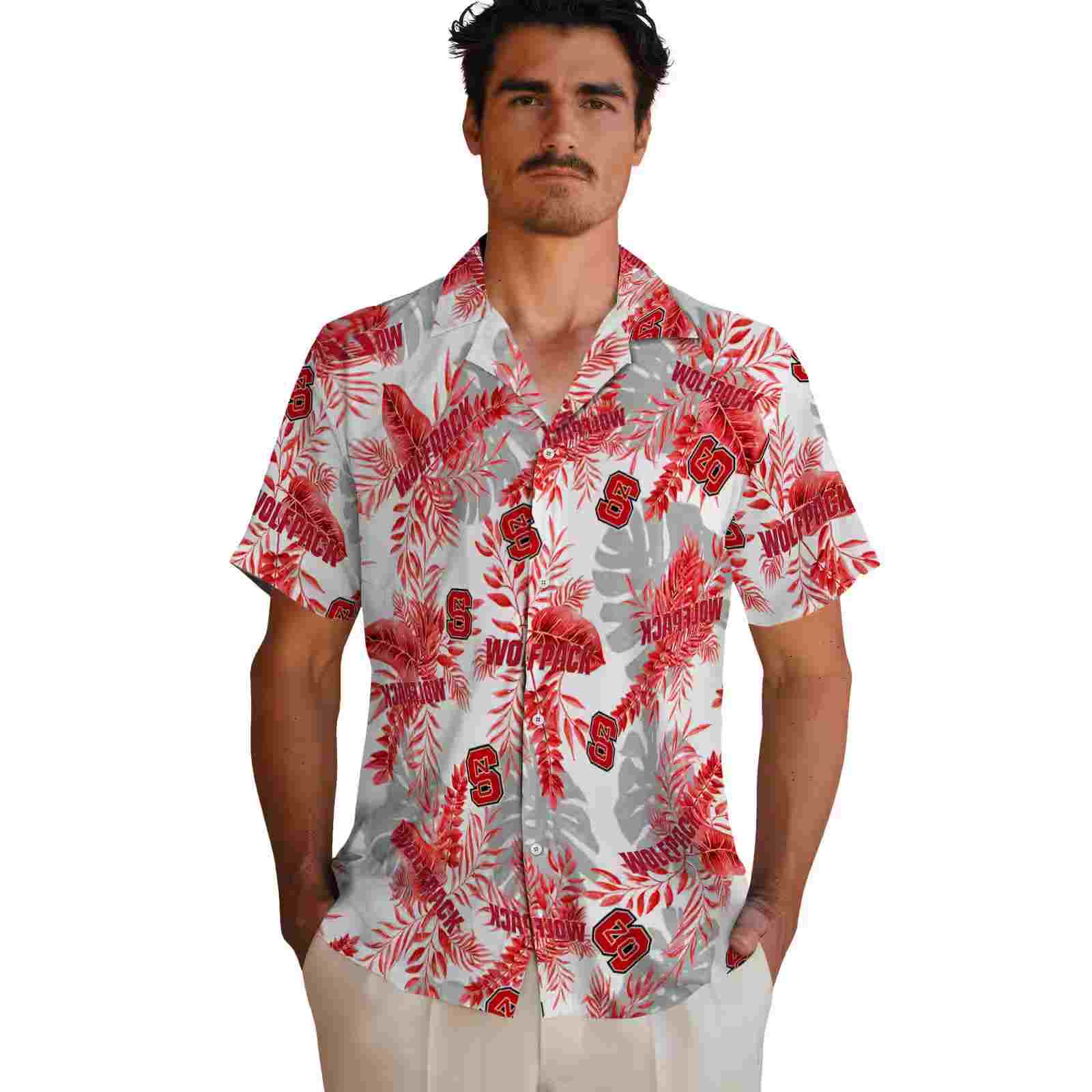 nc state wolfpack tropical leaves red white hawaiian shirt fashion forward