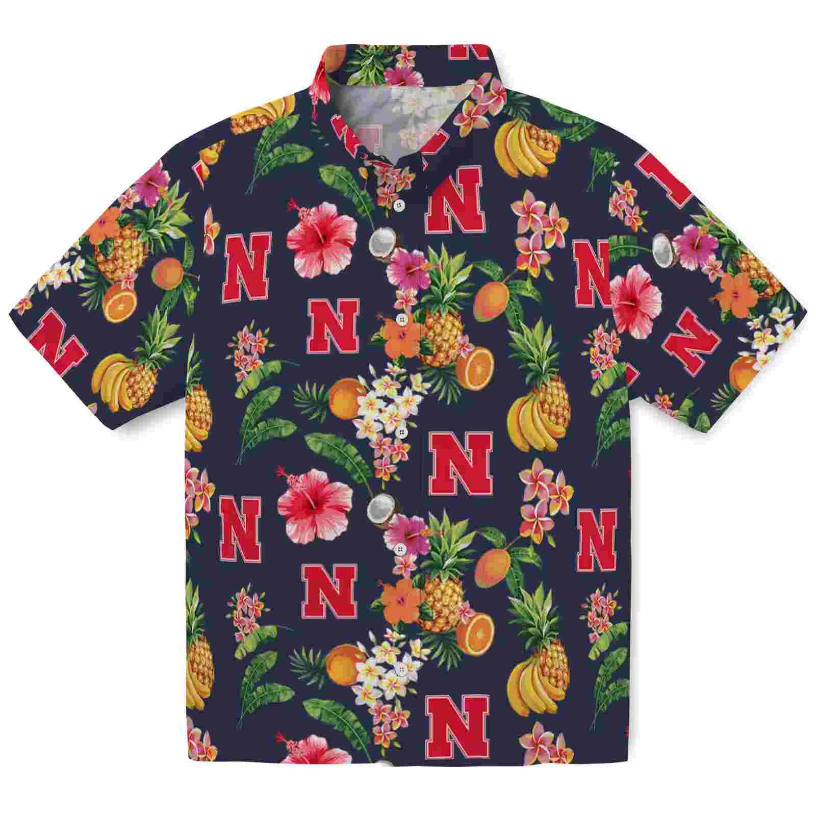 Nebraska Cornhuskers Hibiscus And Fruit Navy Blue Hawaiian Shirt