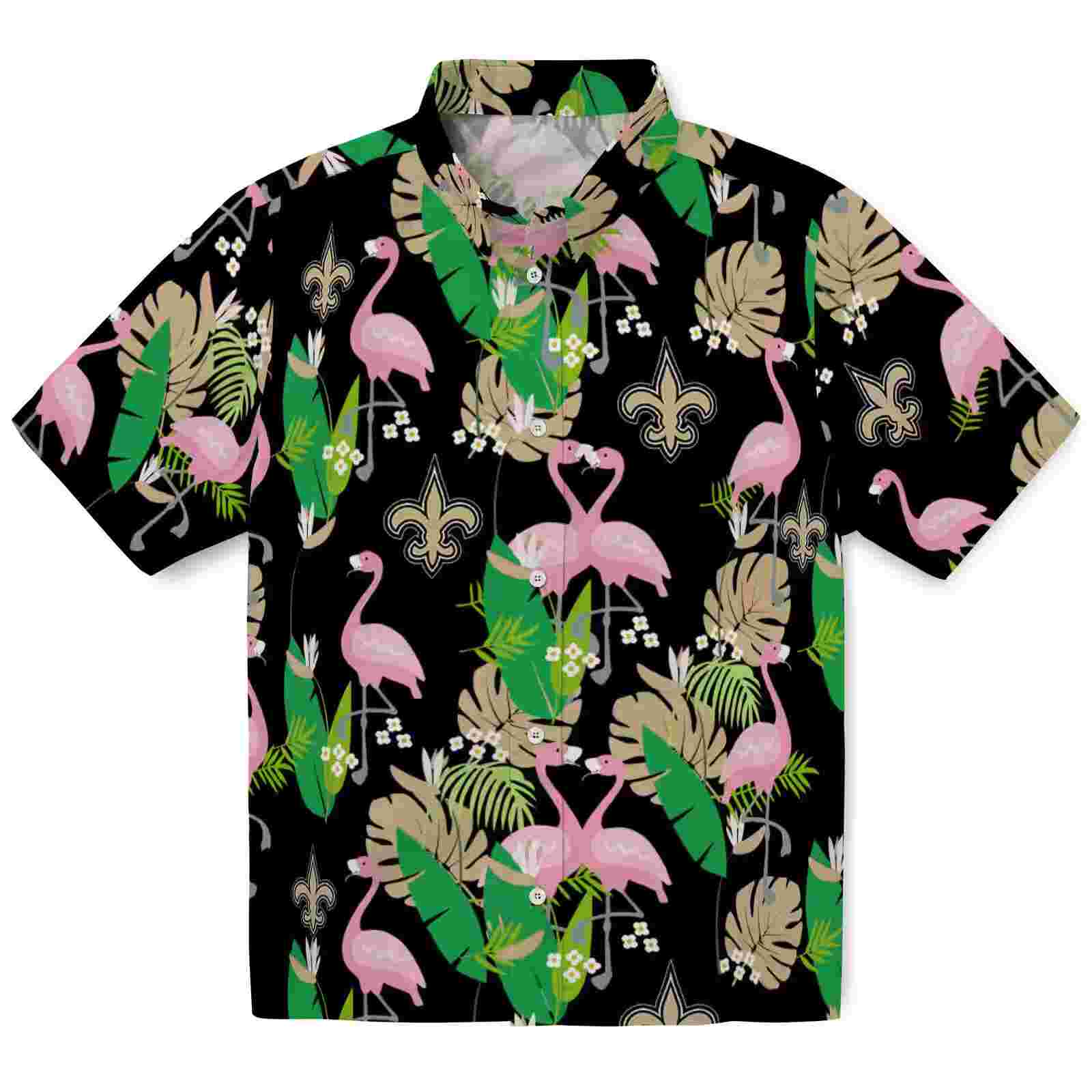 New Orleans Saints Flamingo Foliage Gold Green Hawaiian Shirt