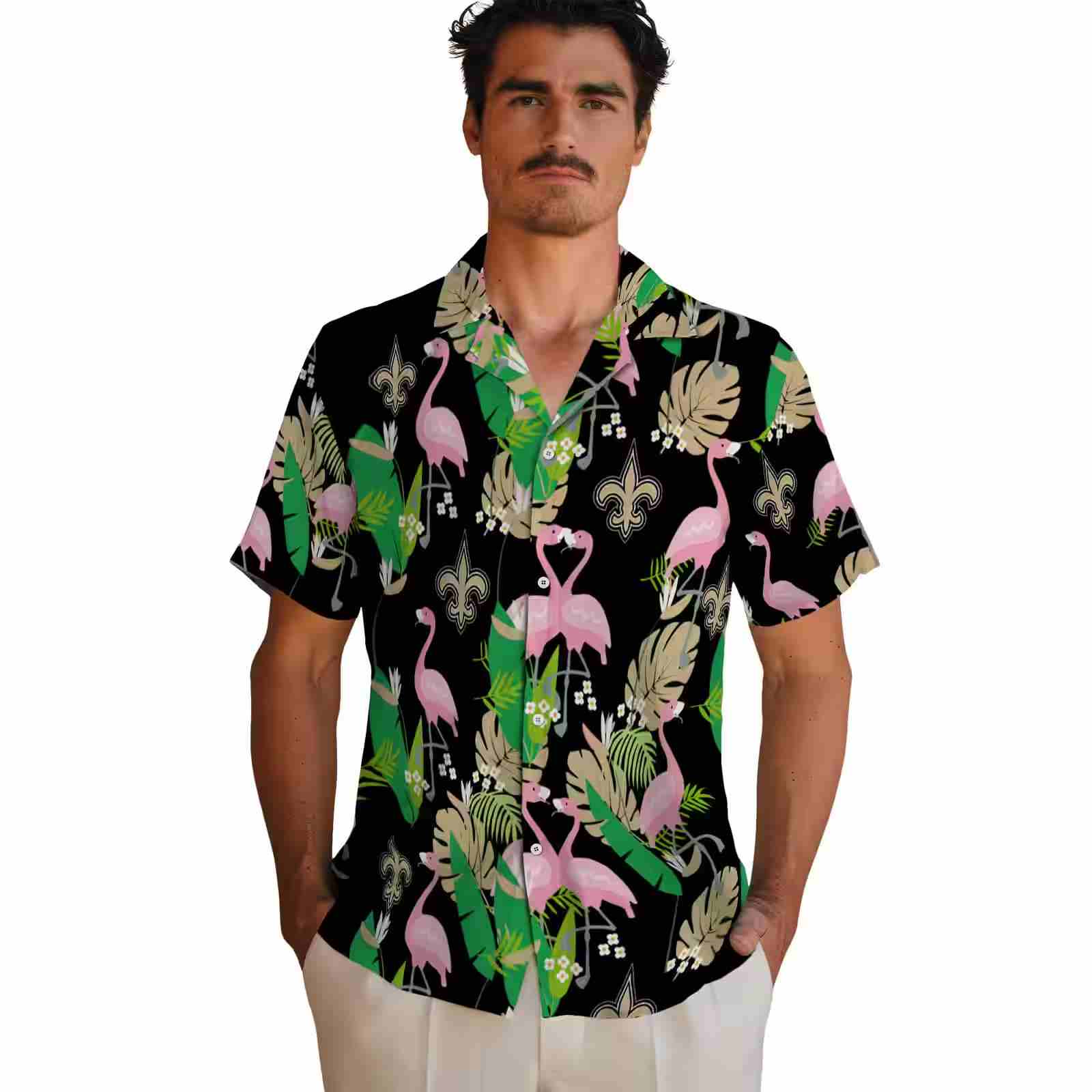 new orleans saints flamingo foliage gold green hawaiian shirt fashion forward