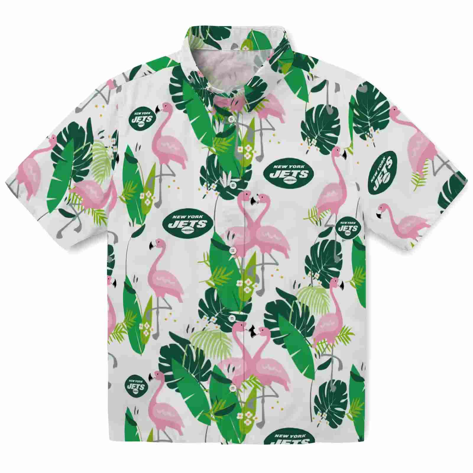 New York Jets Flamingo Foliage Green Hawaiian Shirt