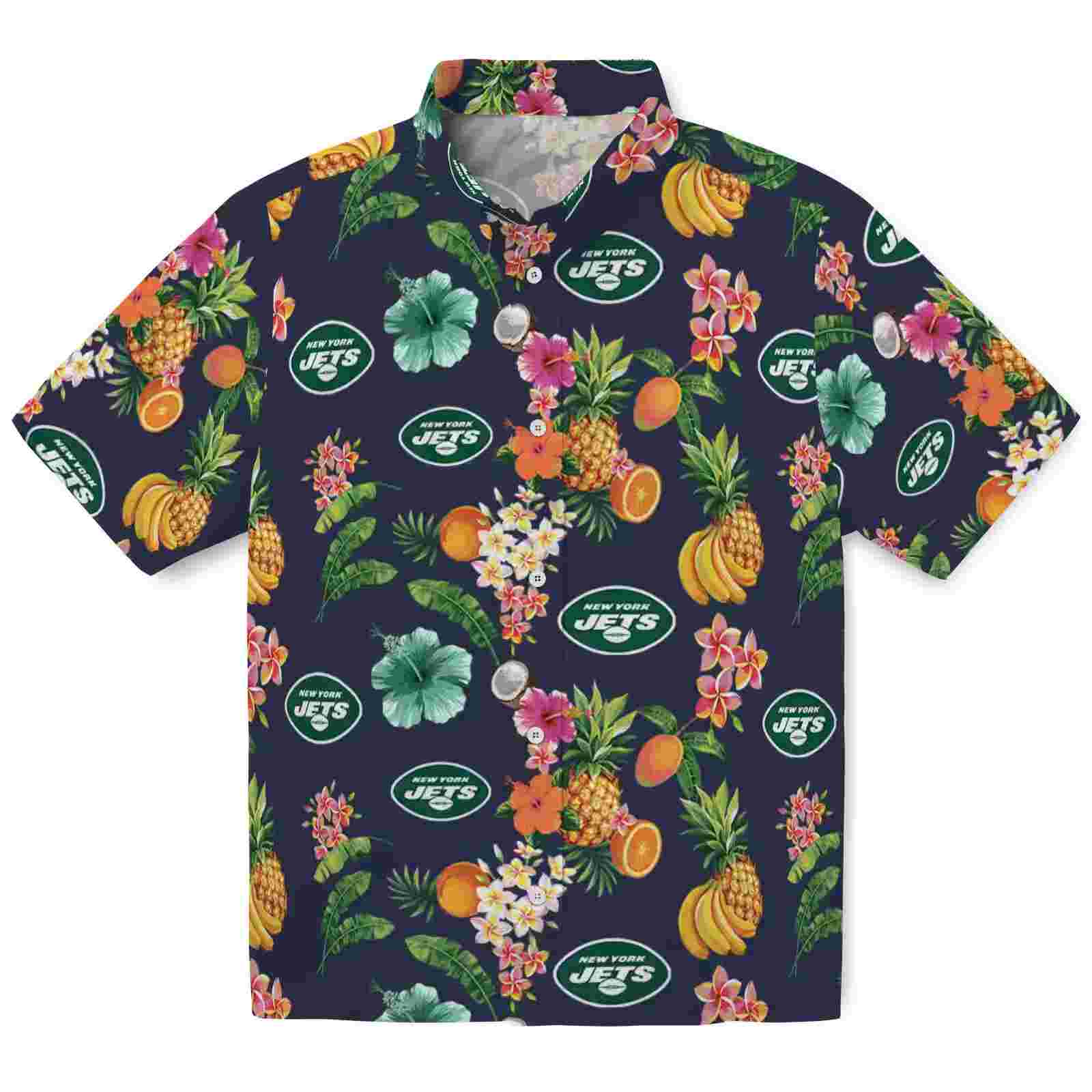 New York Jets Hibiscus And Fruit Navy Blue Hawaiian Shirt