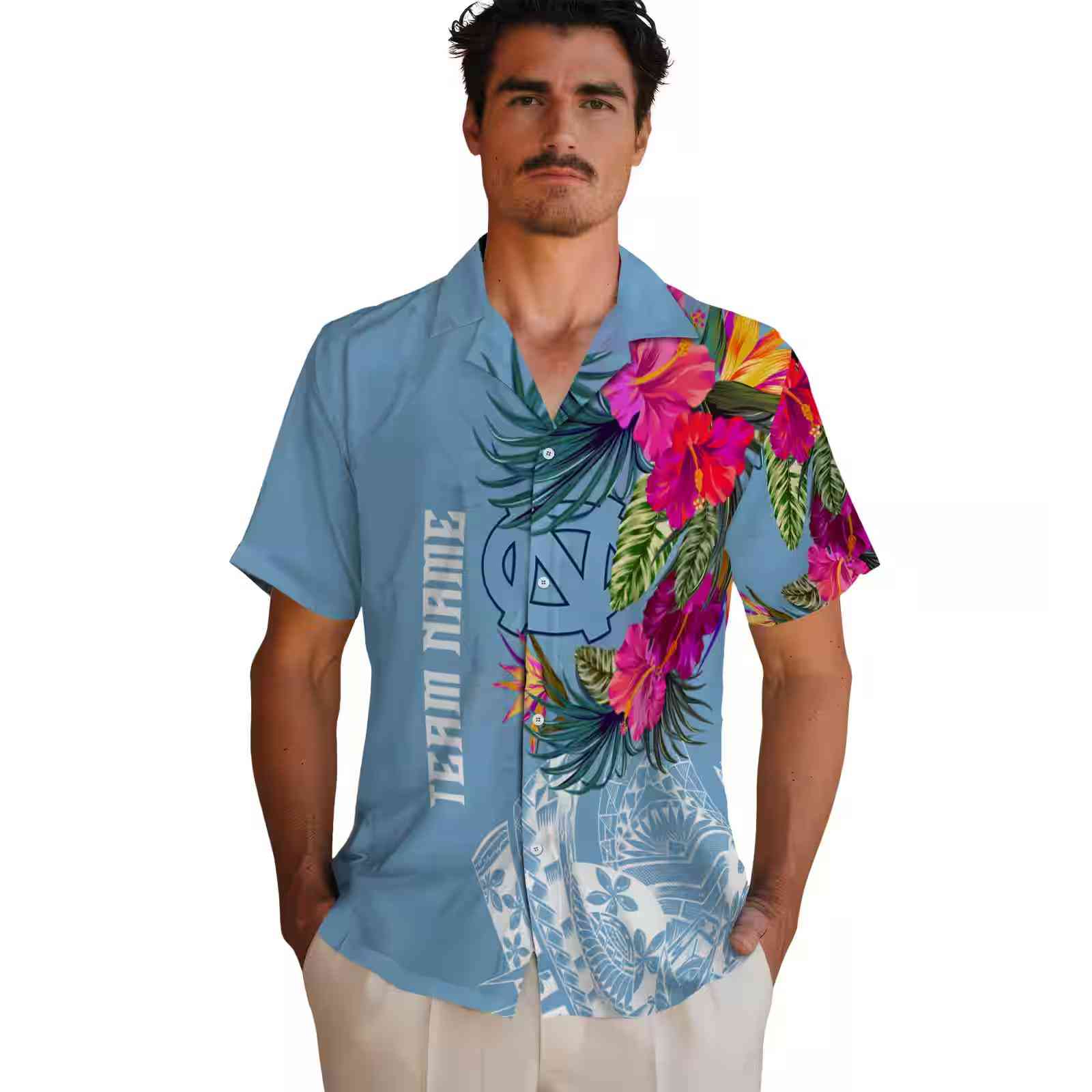 north carolina tar heels floral polynesian light blue hawaiian shirt fashion forward