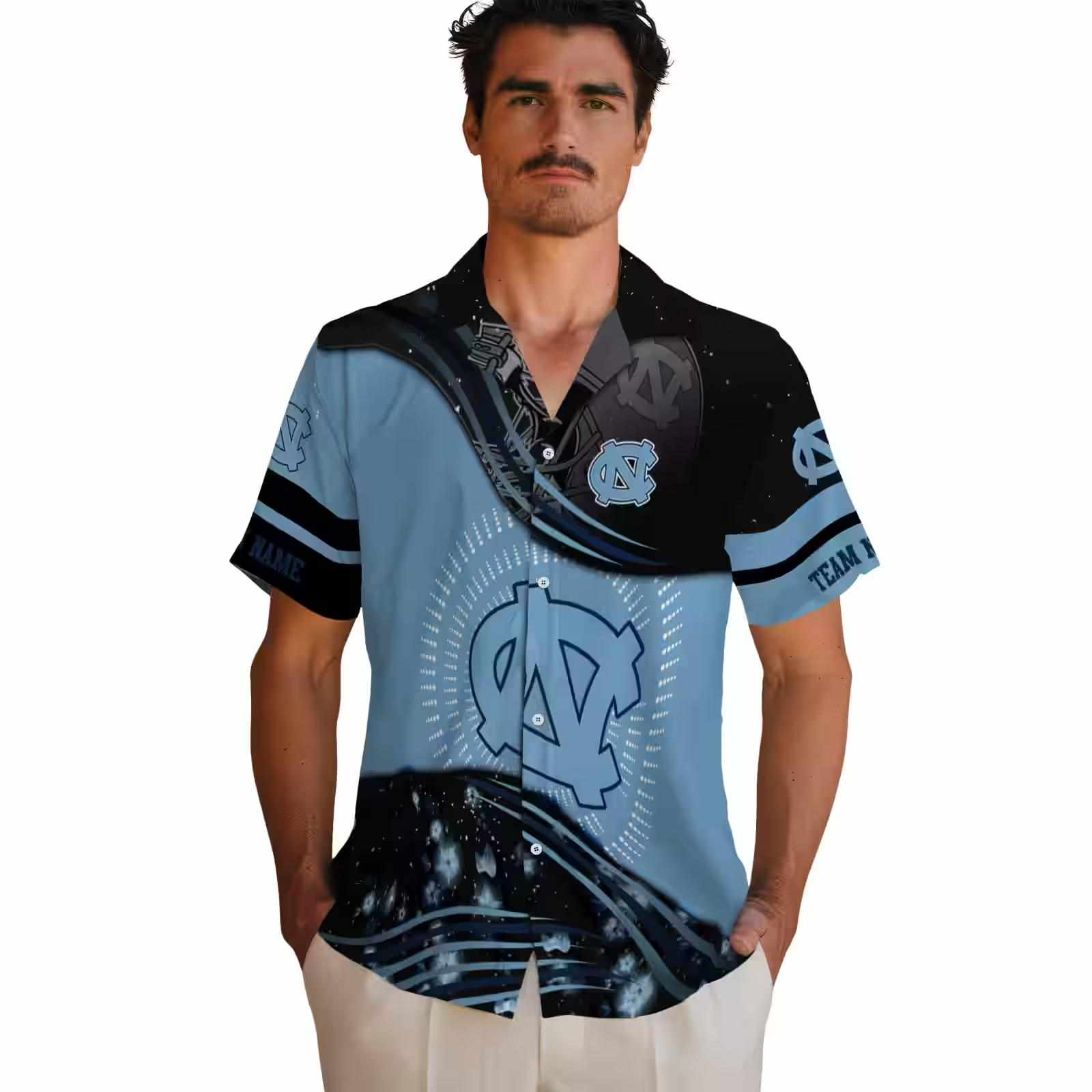 north carolina tar heels football wave light blue black hawaiian shirt fashion forward