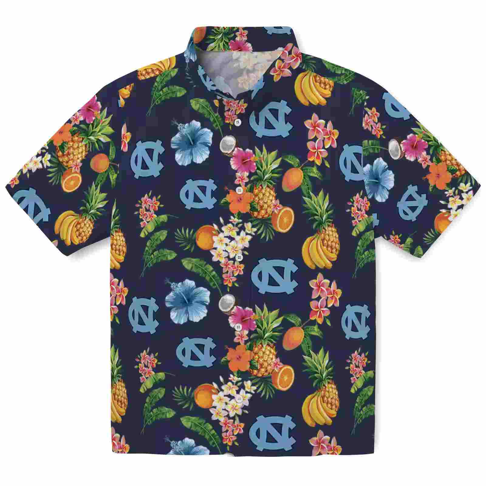 North Carolina Tar Heels Hibiscus And Fruit Navy Blue Hawaiian Shirt