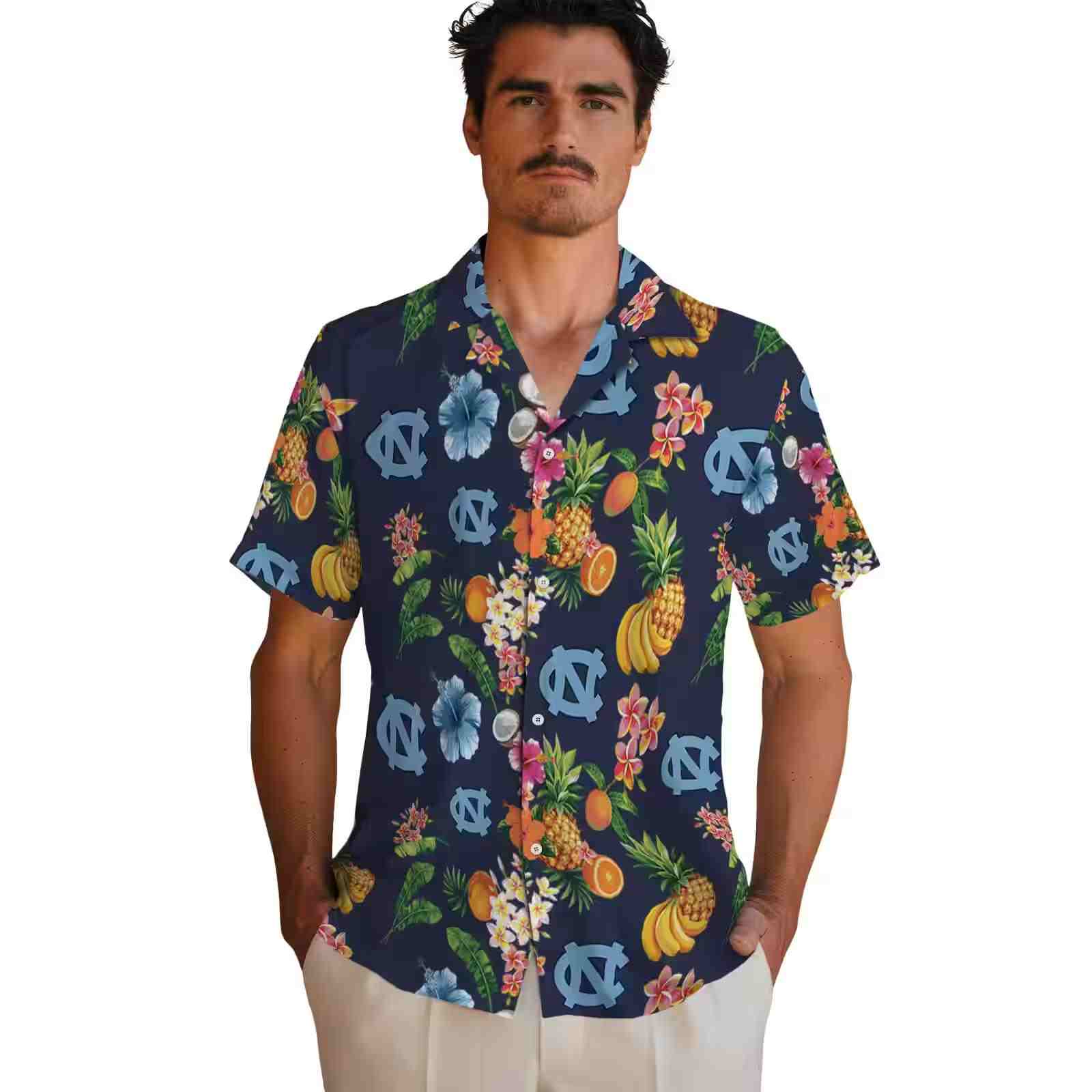 north carolina tar heels hibiscus and fruit navy blue hawaiian shirt fashion forward