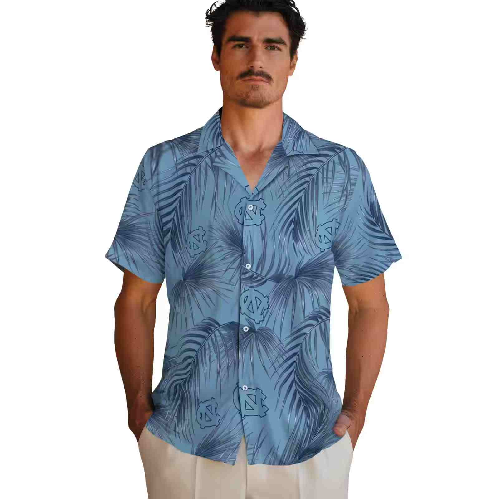 north carolina tar heels leafy palms light blue hawaiian shirt fashion forward