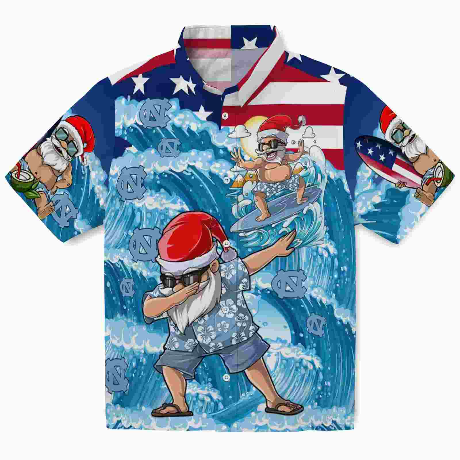 North Carolina Tar Heels Surfing Santa Blue Hawaiian Shirt