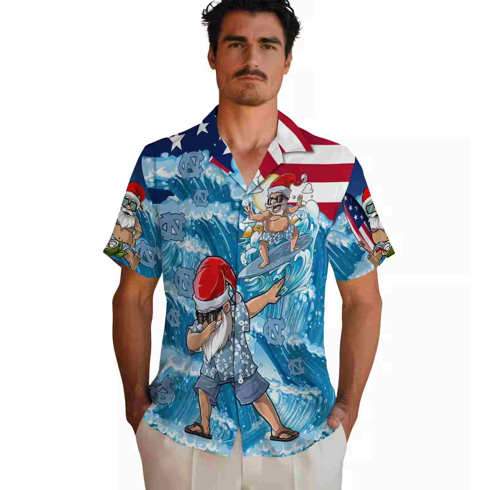 north carolina tar heels surfing santa blue hawaiian shirt fashion forward