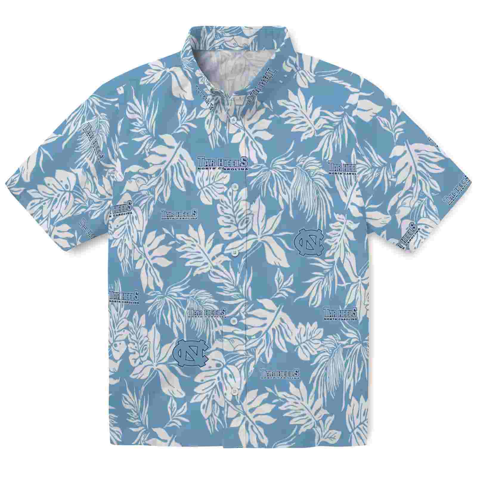 North Carolina Tar Heels Tropical Leaf Light Blue White Hawaiian Shirt