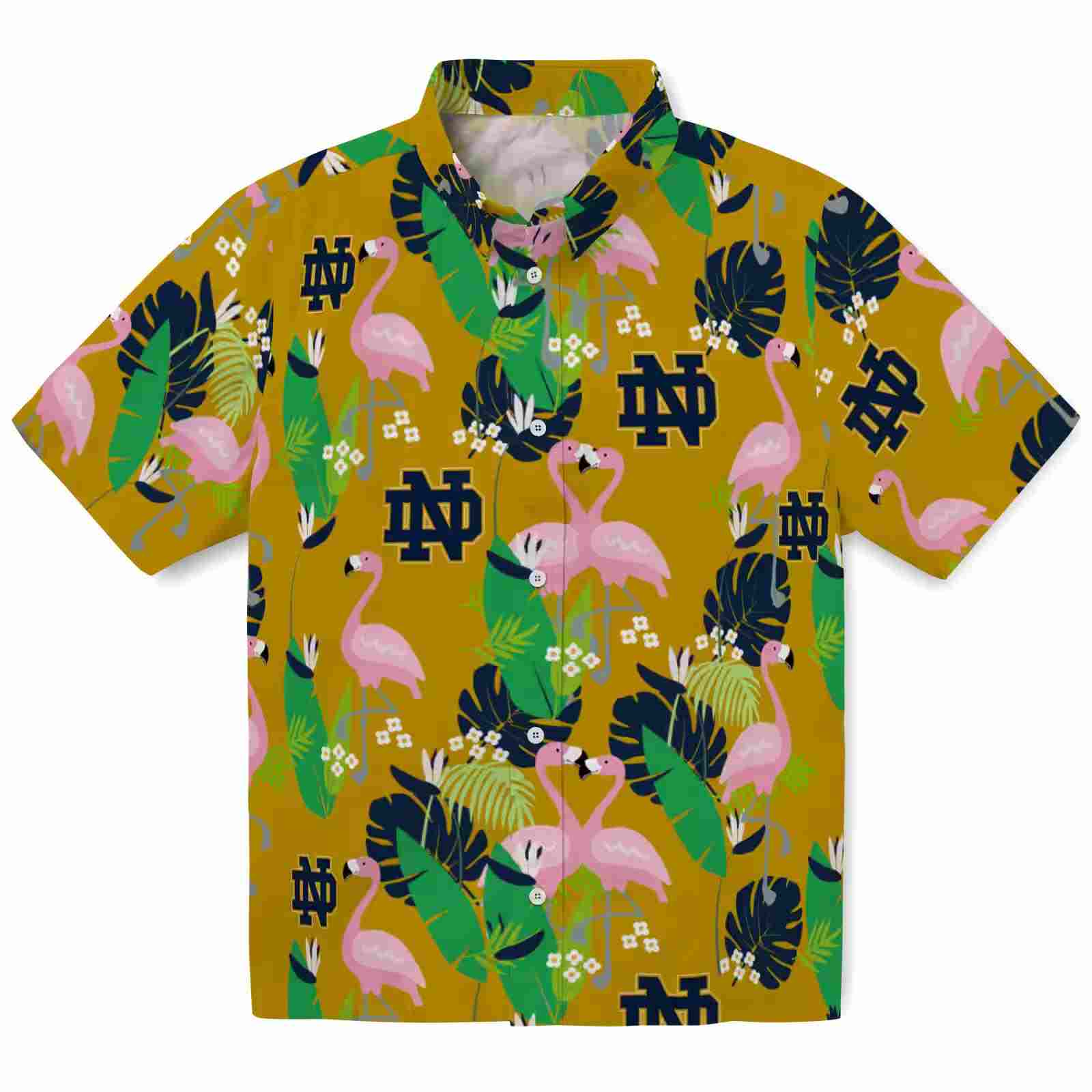 Notre Dame Fighting Irish Flamingo Foliage Navy Green Hawaiian Shirt