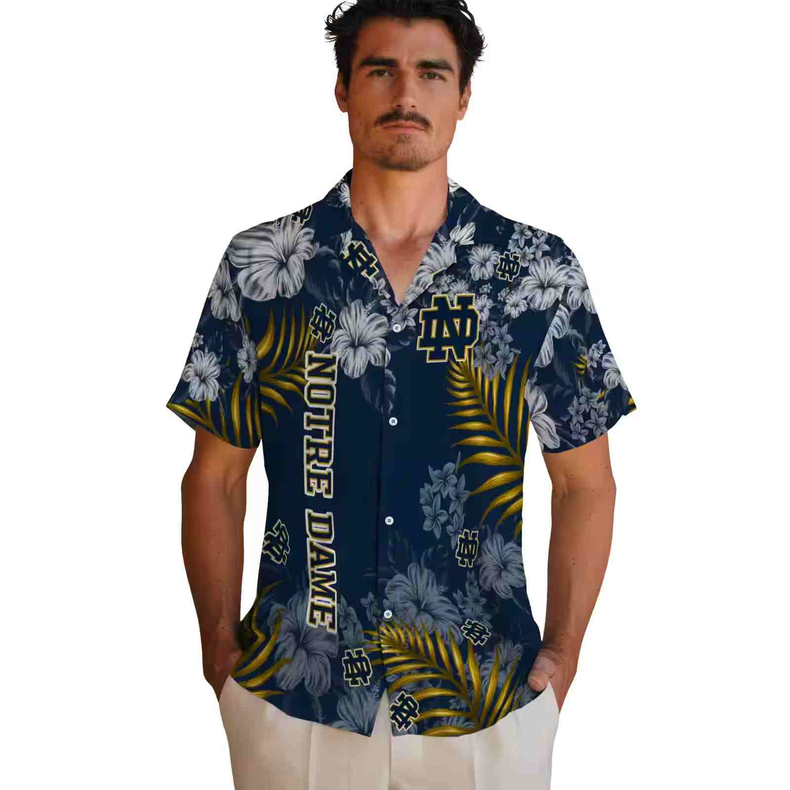 notre dame fighting irish hibiscus print navy hawaiian shirt fashion forward