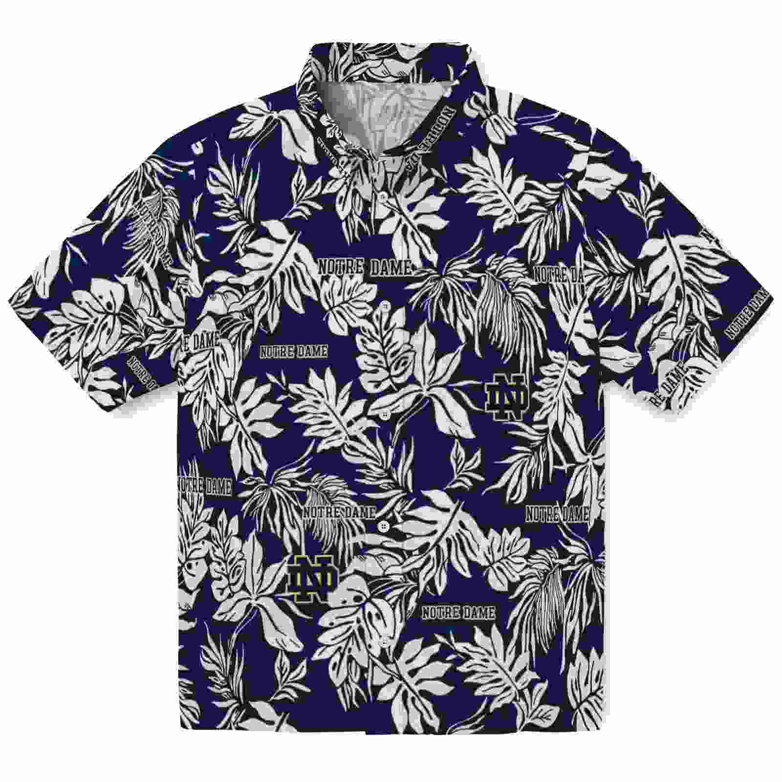 Notre Dame Fighting Irish Tropical Leaf Navy White Hawaiian Shirt