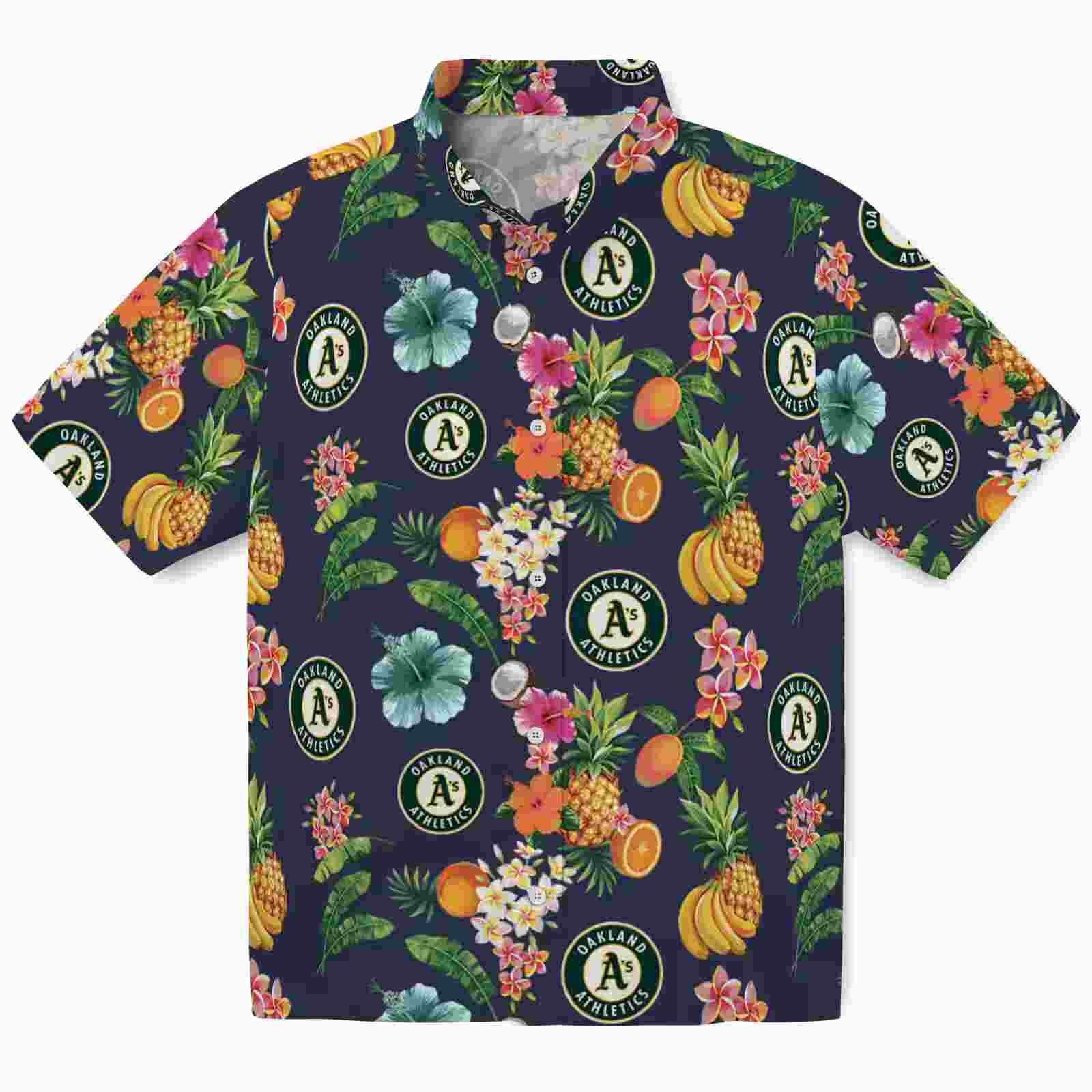 Oakland Athletics Hibiscus And Fruit Navy Blue Hawaiian Shirt