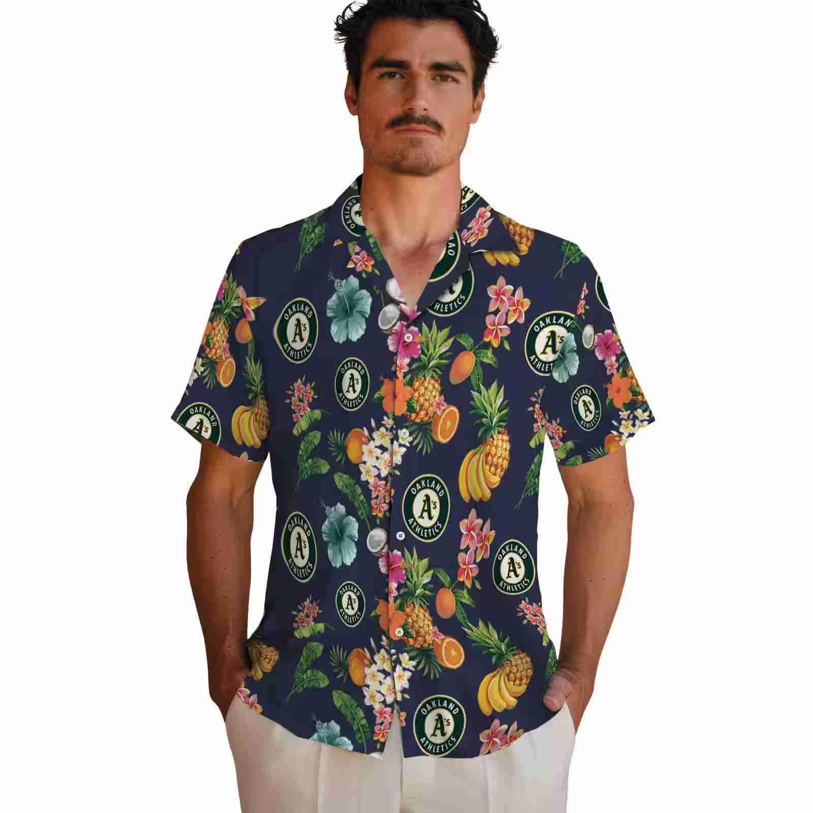 oakland athletics hibiscus and fruit navy blue hawaiian shirt fashion forward