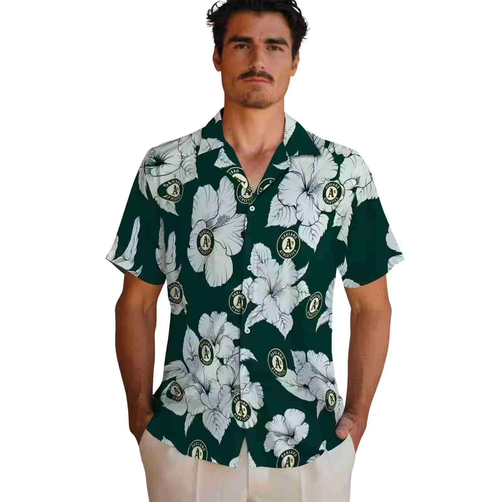 oakland athletics hibiscus blooms green white hawaiian shirt fashion forward