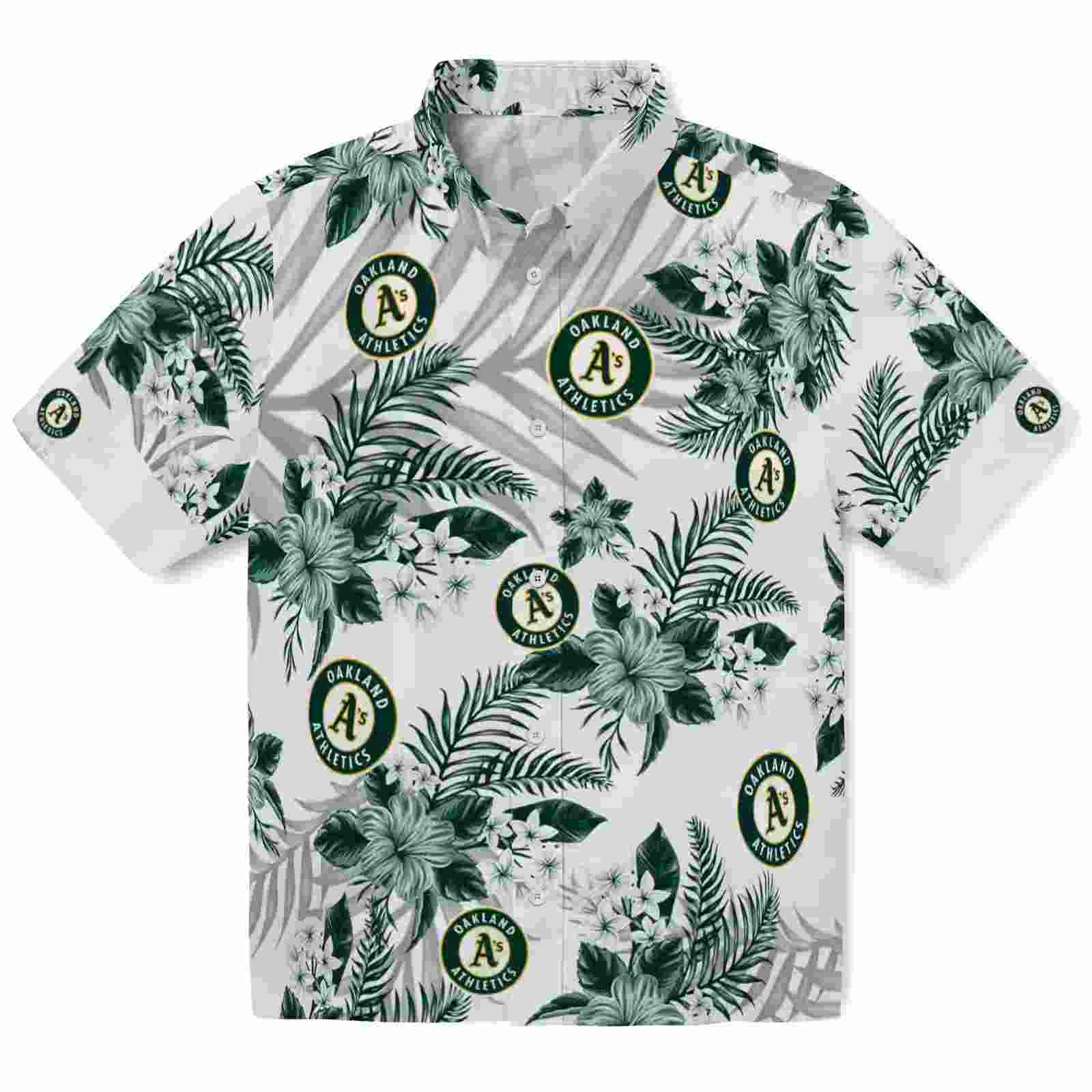 Oakland Athletics Hibiscus Palm Leaves Green White Hawaiian Shirt