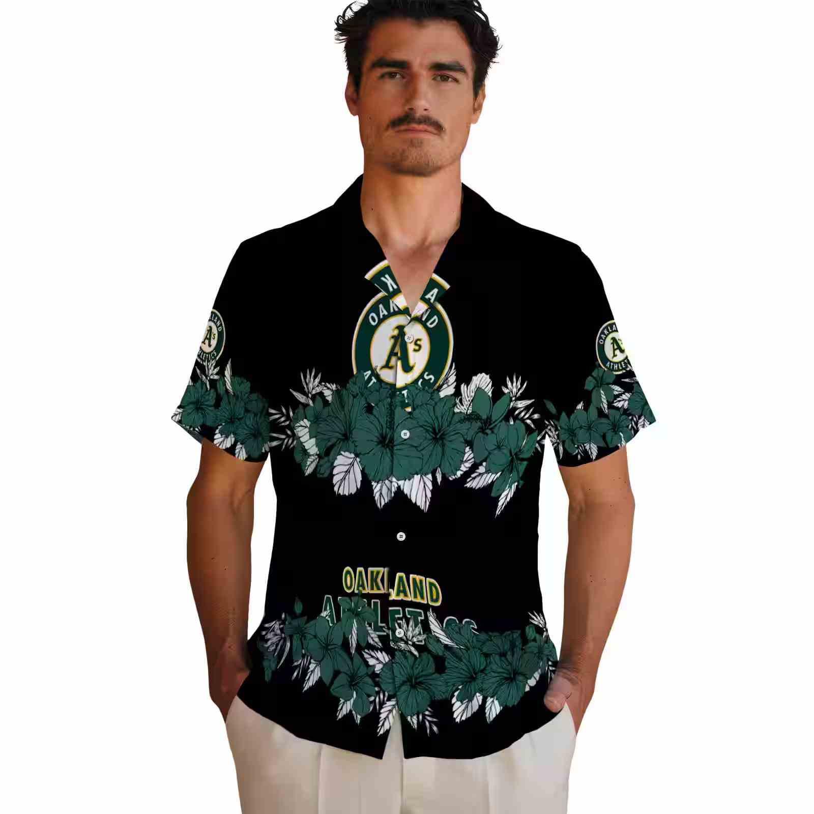 oakland athletics hibiscus stripe green black hawaiian shirt fashion forward