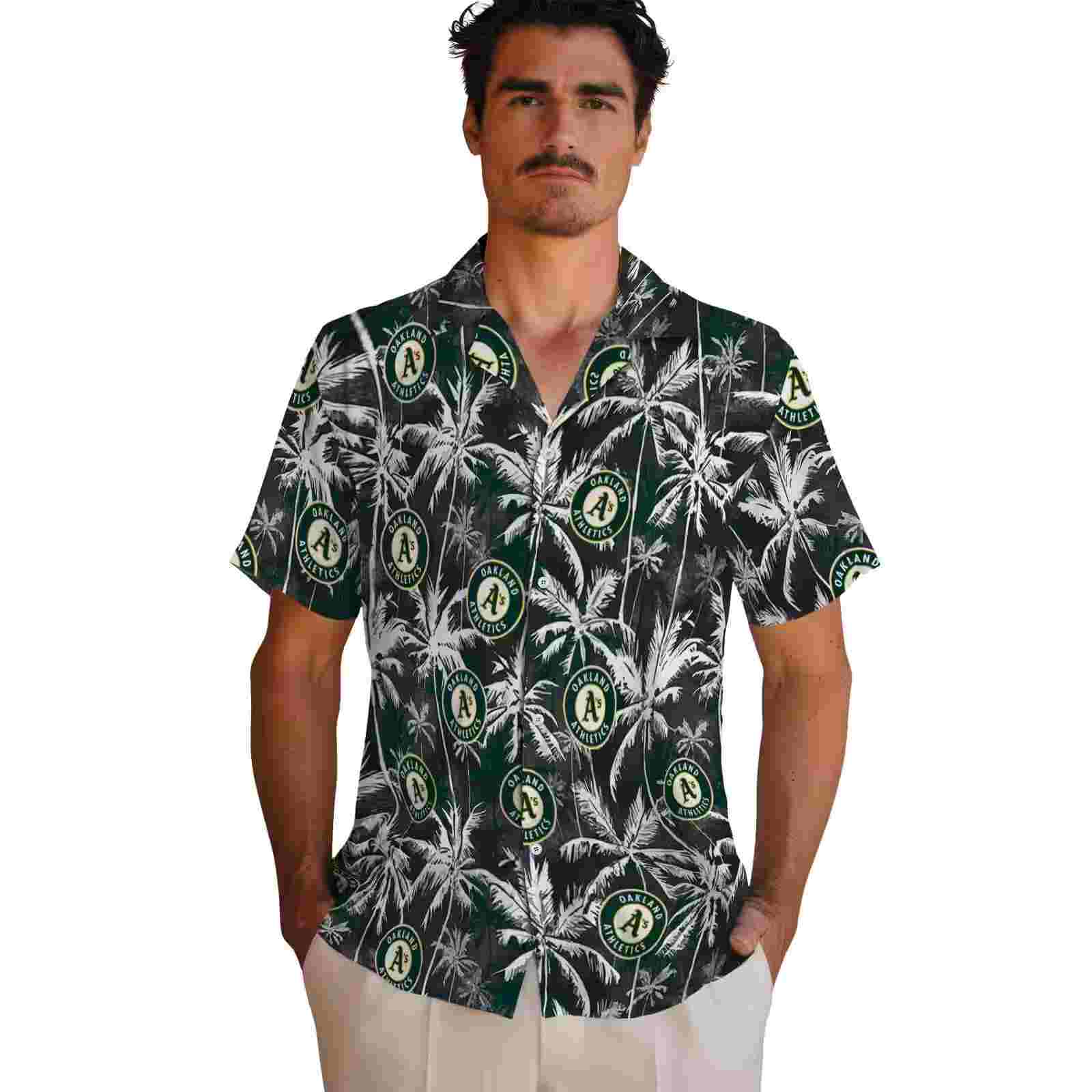 oakland athletics palm pattern green black hawaiian shirt fashion forward