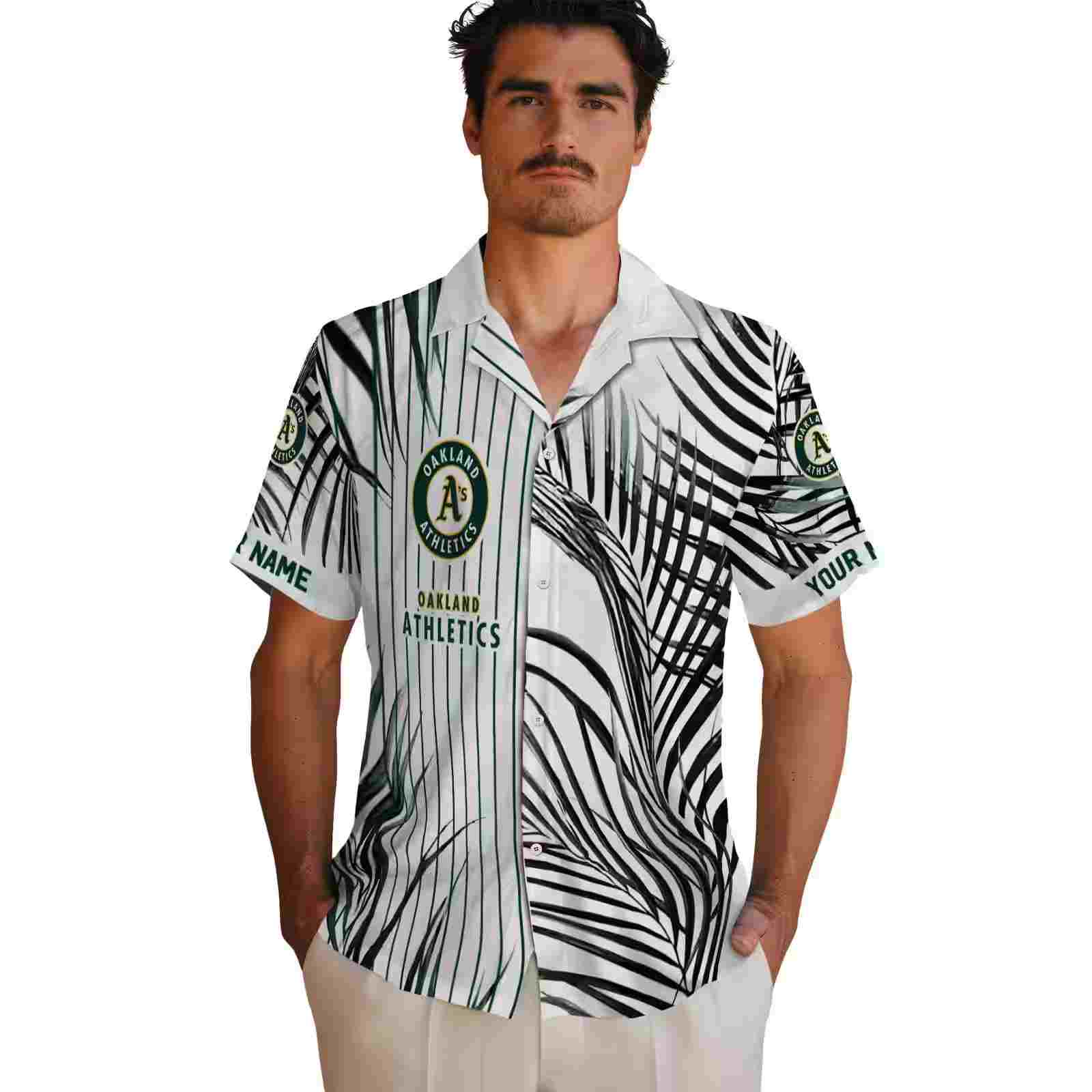 oakland athletics palm stripes green black white hawaiian shirt fashion forward