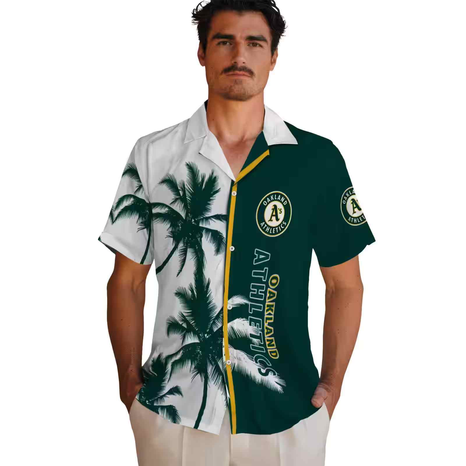 oakland athletics palm trees green white hawaiian shirt fashion forward