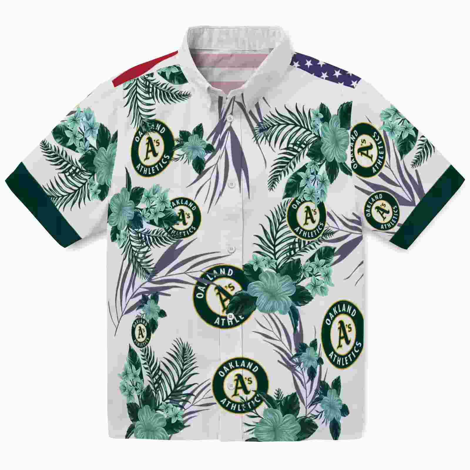 Oakland Athletics Patriotic Hibiscus Design Green White Hawaiian Shirt