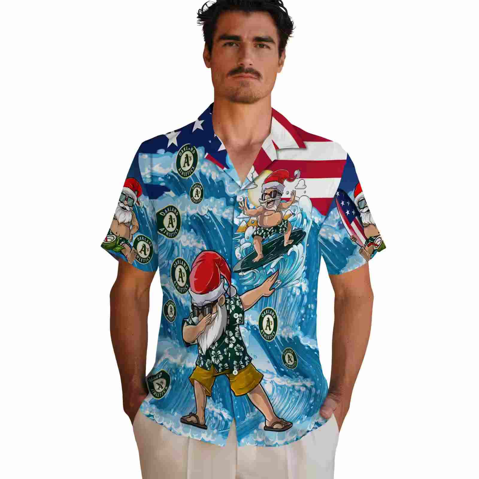 oakland athletics surfing santa blue hawaiian shirt fashion forward