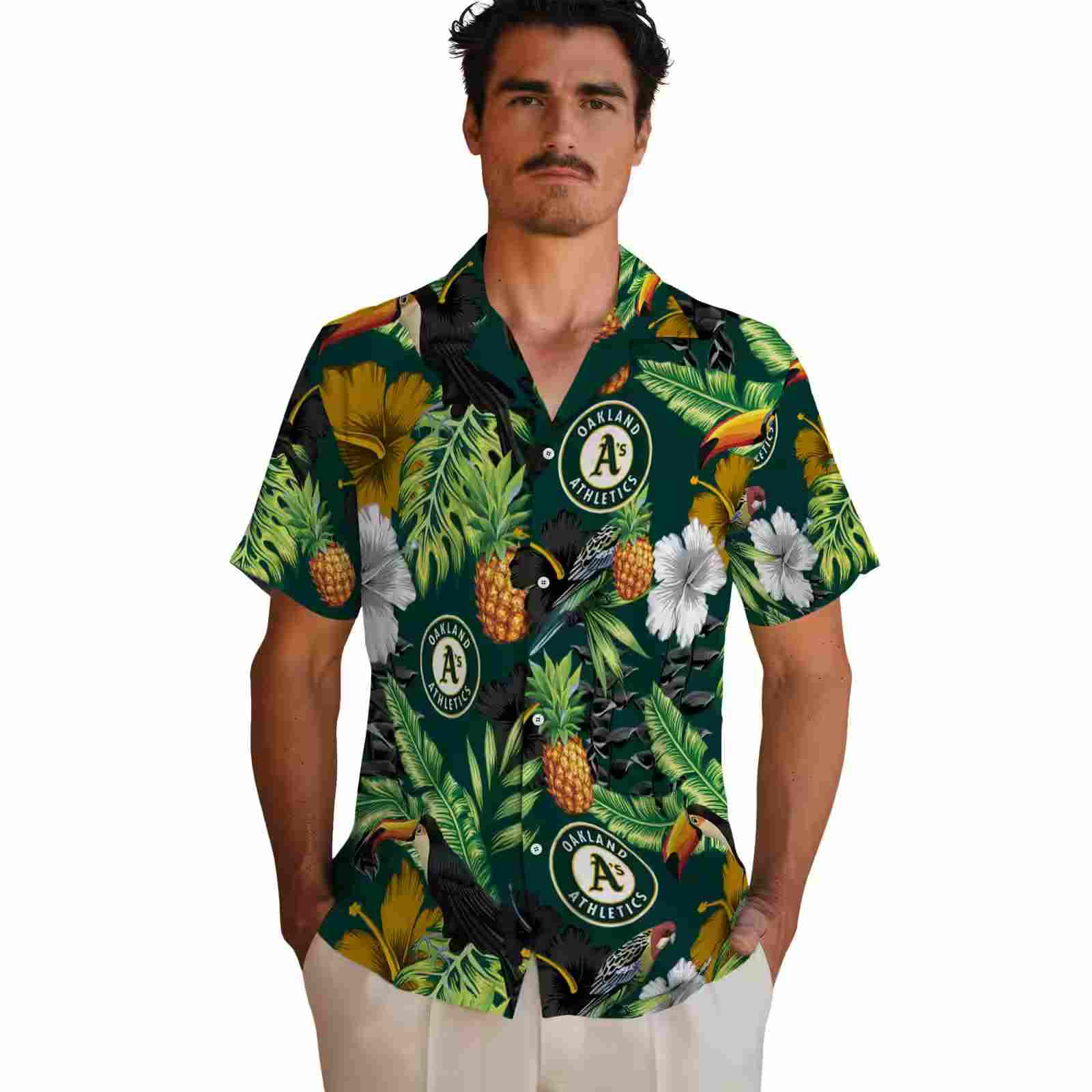 oakland athletics toucan hibiscus pineapple green hawaiian shirt fashion forward