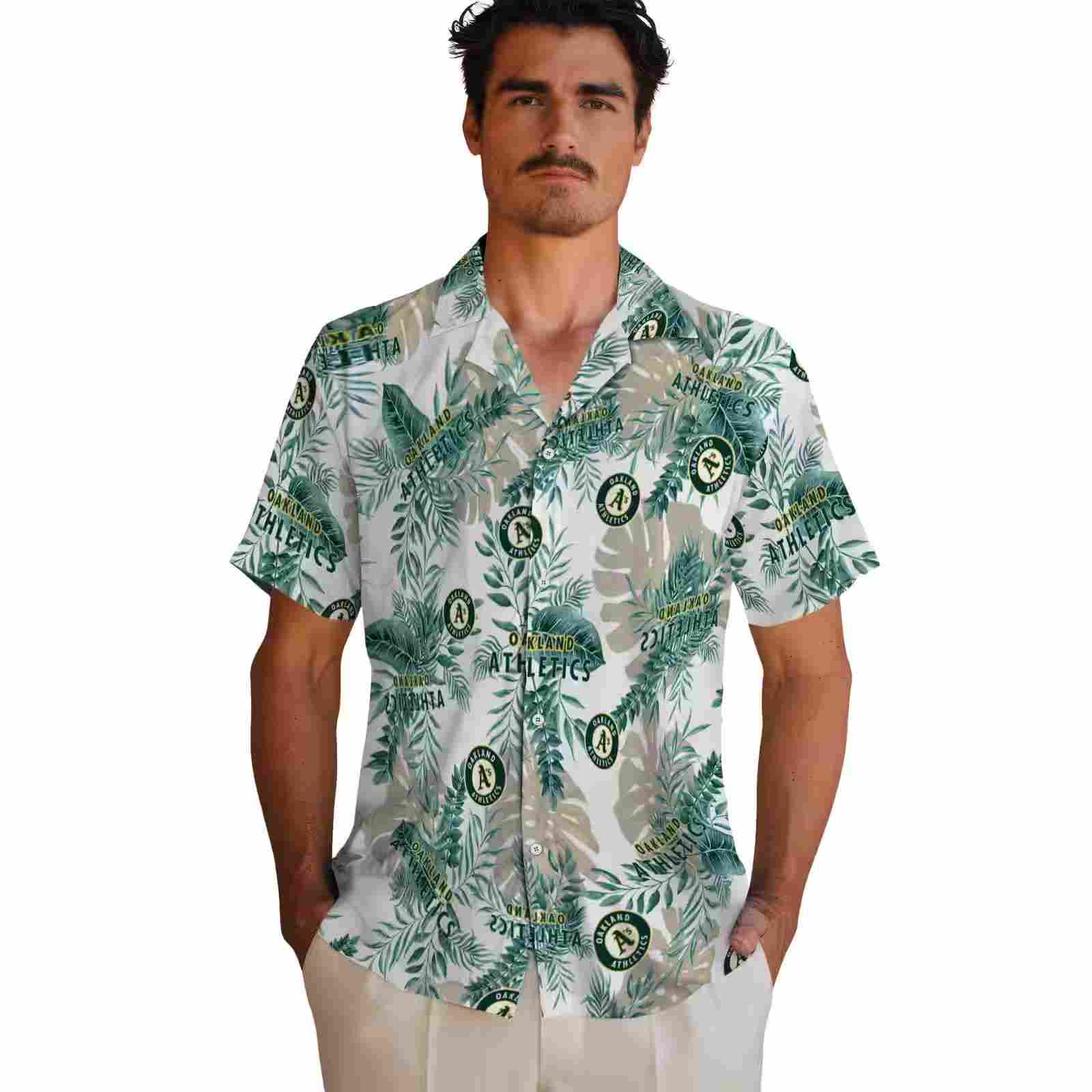 oakland athletics tropical leaves green white hawaiian shirt fashion forward