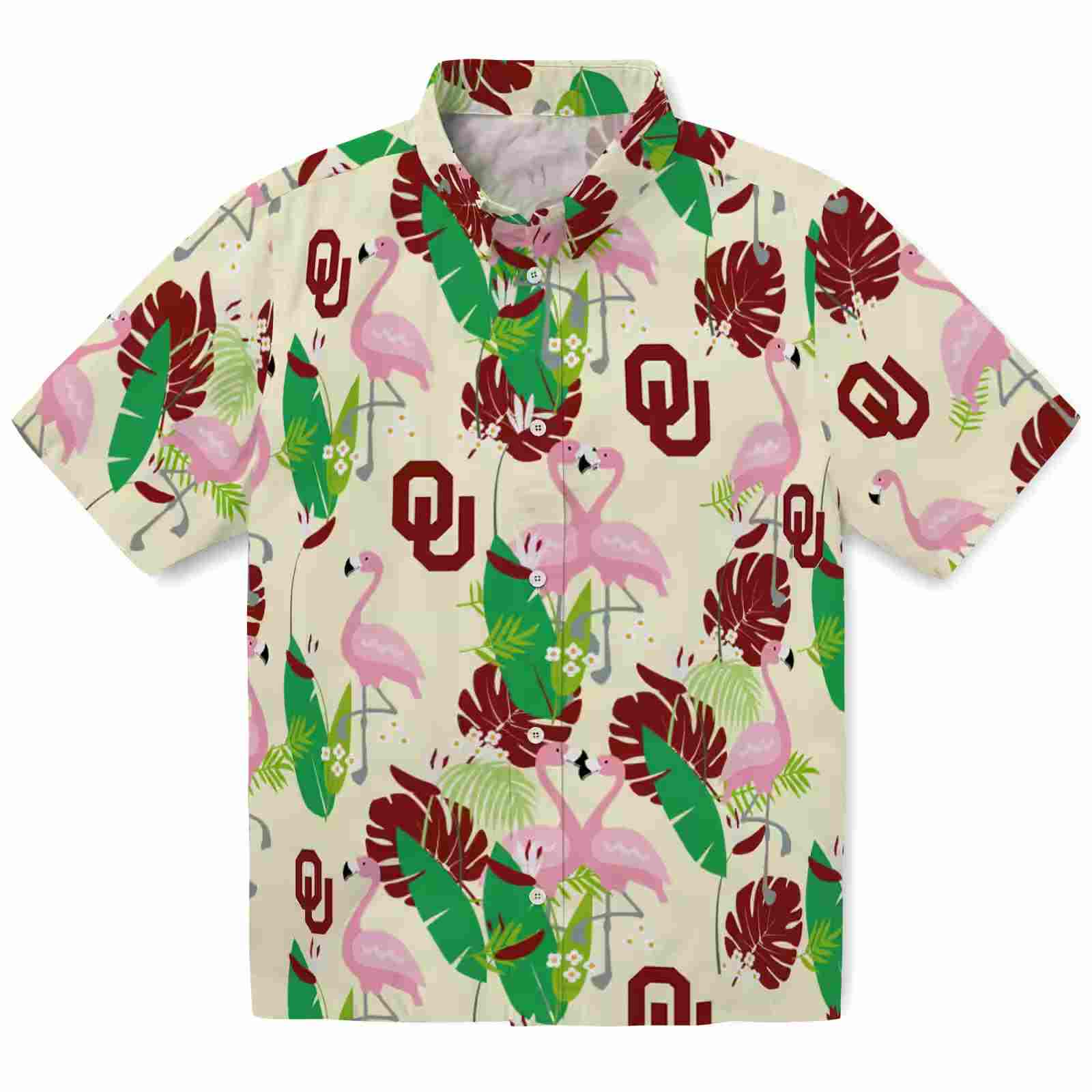 Oklahoma Sooners Flamingo Foliage Crimson Green Hawaiian Shirt