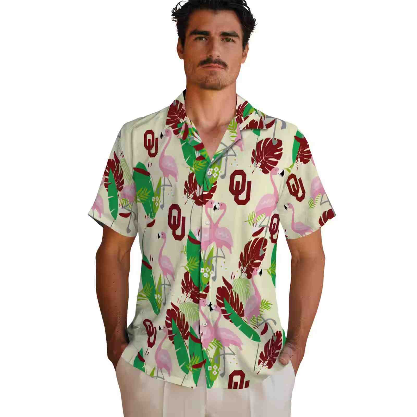 oklahoma sooners flamingo foliage crimson green hawaiian shirt fashion forward