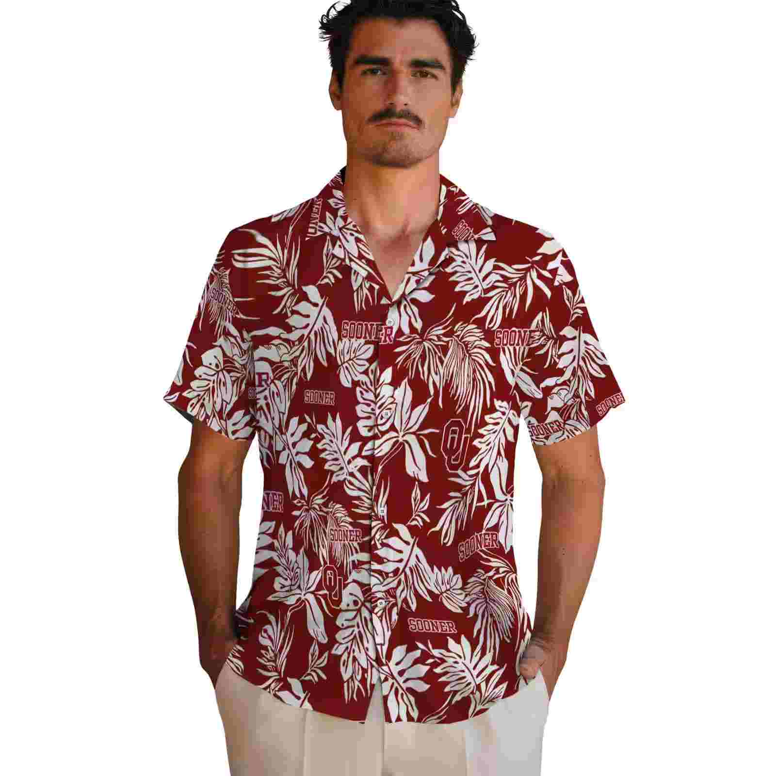 oklahoma sooners tropical leaf crimson white hawaiian shirt fashion forward