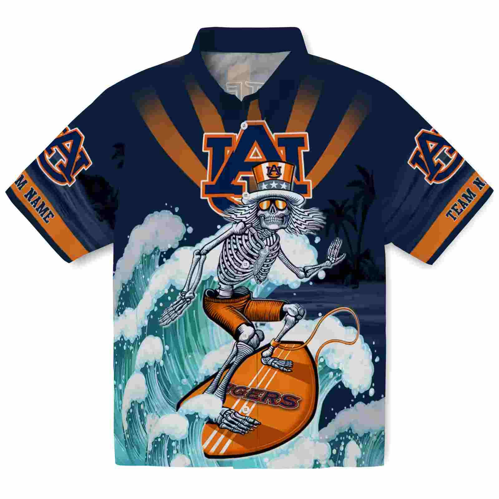 Personalized Auburn Tigers Surfing Skeleton Navy Blue Hawaiian Shirt