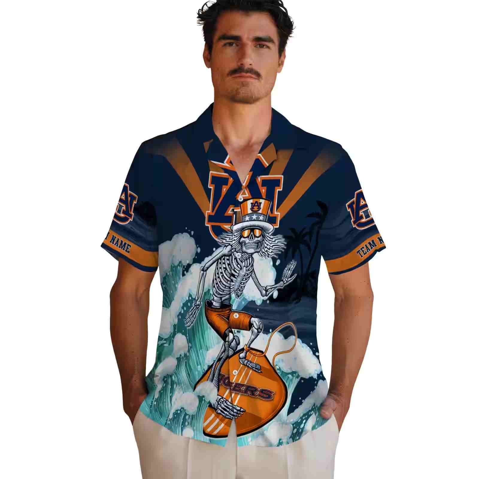 personalized auburn tigers surfing skeleton navy blue hawaiian shirt fashion forward